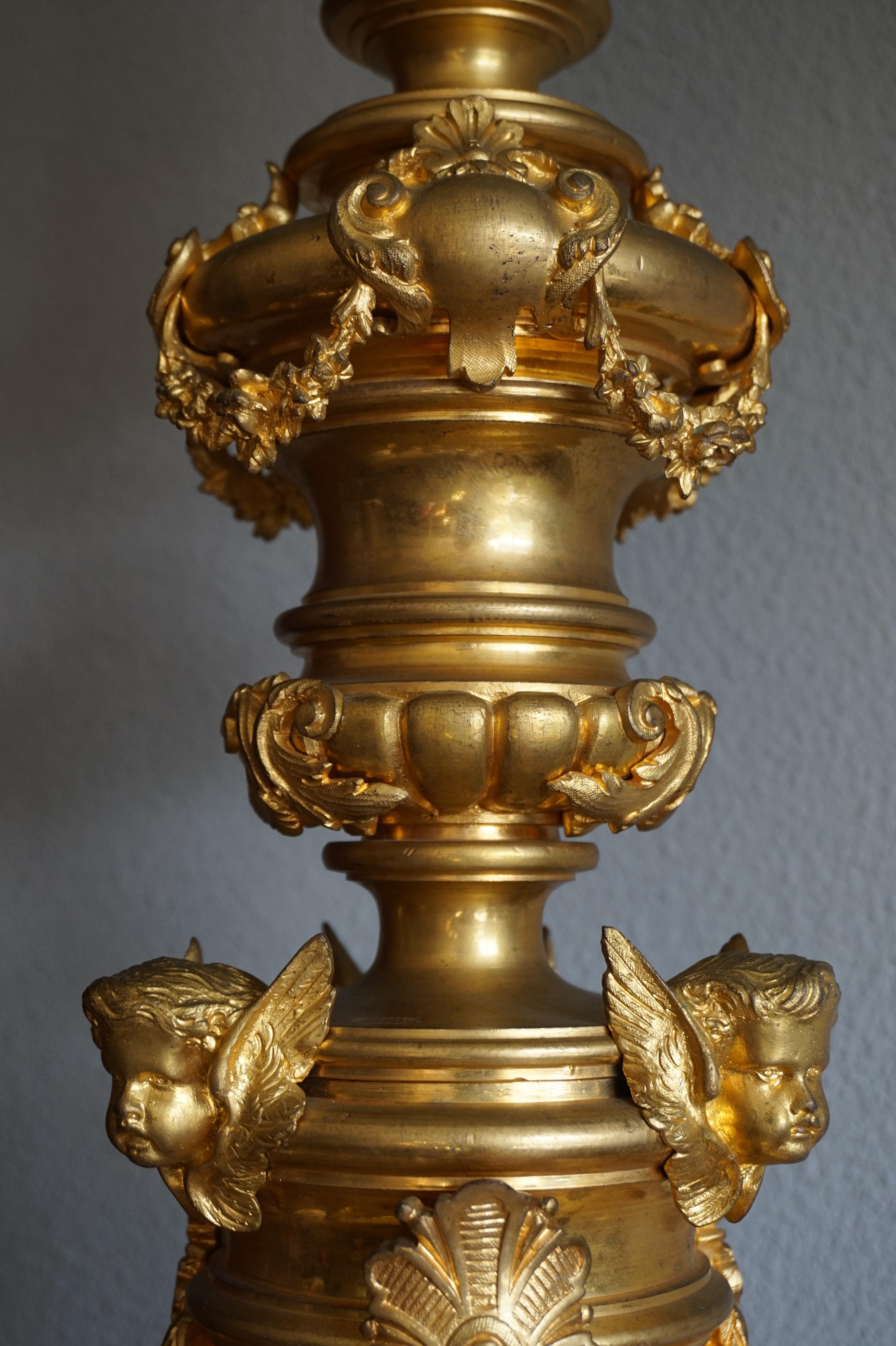 French Gilt Bronze Antique Church Altar Candlestick w Angel Sculptures by Edmond Lesage For Sale