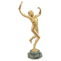 Gilt Bronze, Art Deco Nude Dancer with Tambourine, Eugène Désiré Piron