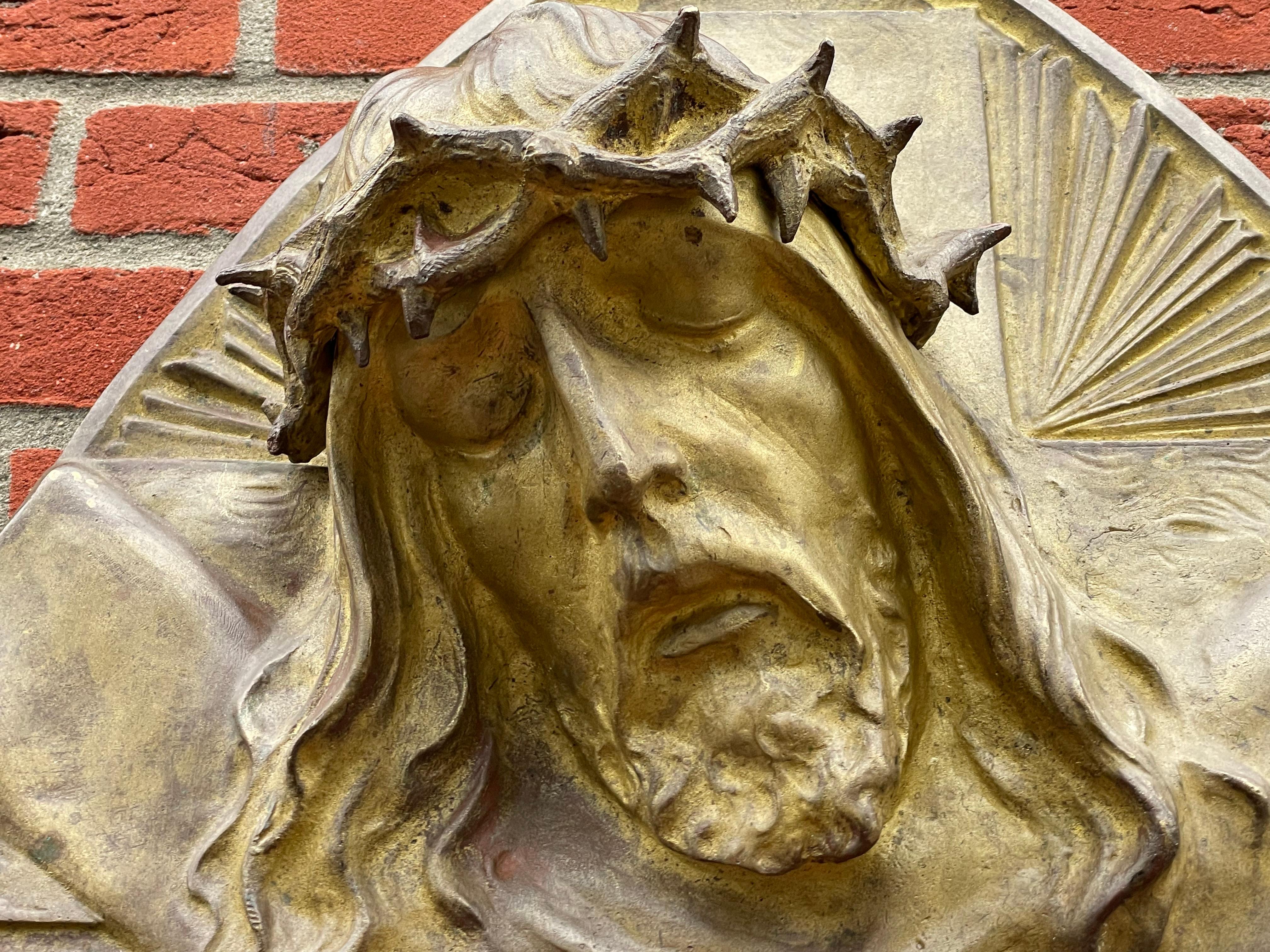 Sculpture murale Art dco en bronze dor reprsentant le Christ avec une couronne de Thorns par S. Norga 4