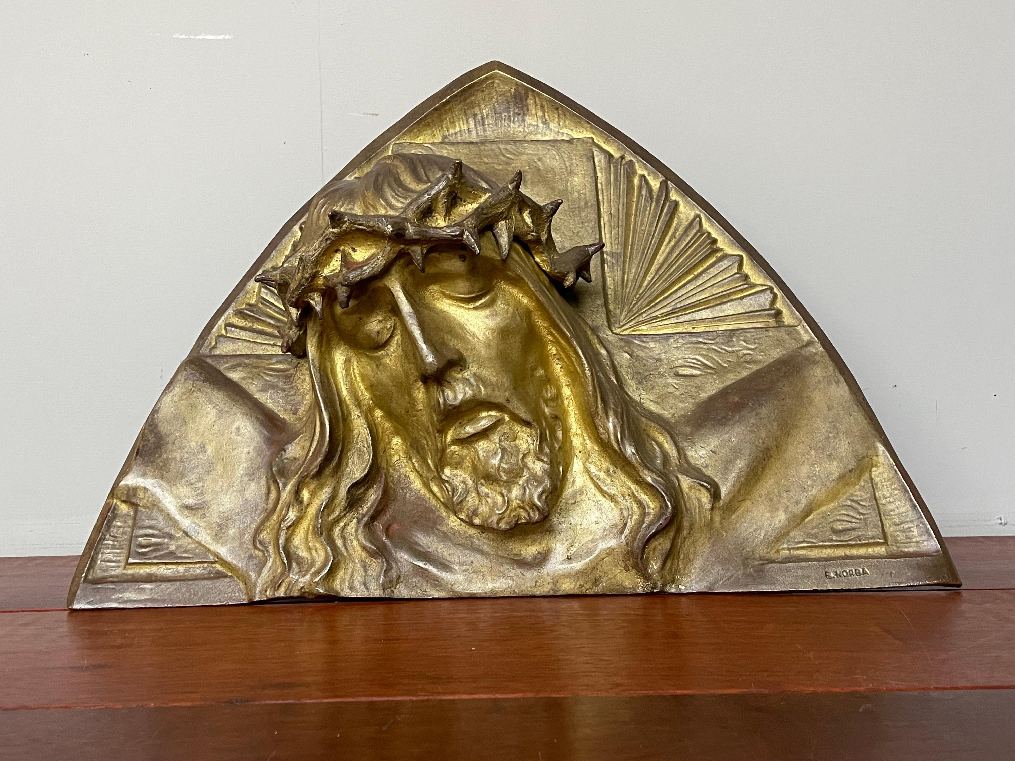 Gilt Bronze Art Deco Wall Sculpture of Christ with Crown of Thorns by S. Norga 8