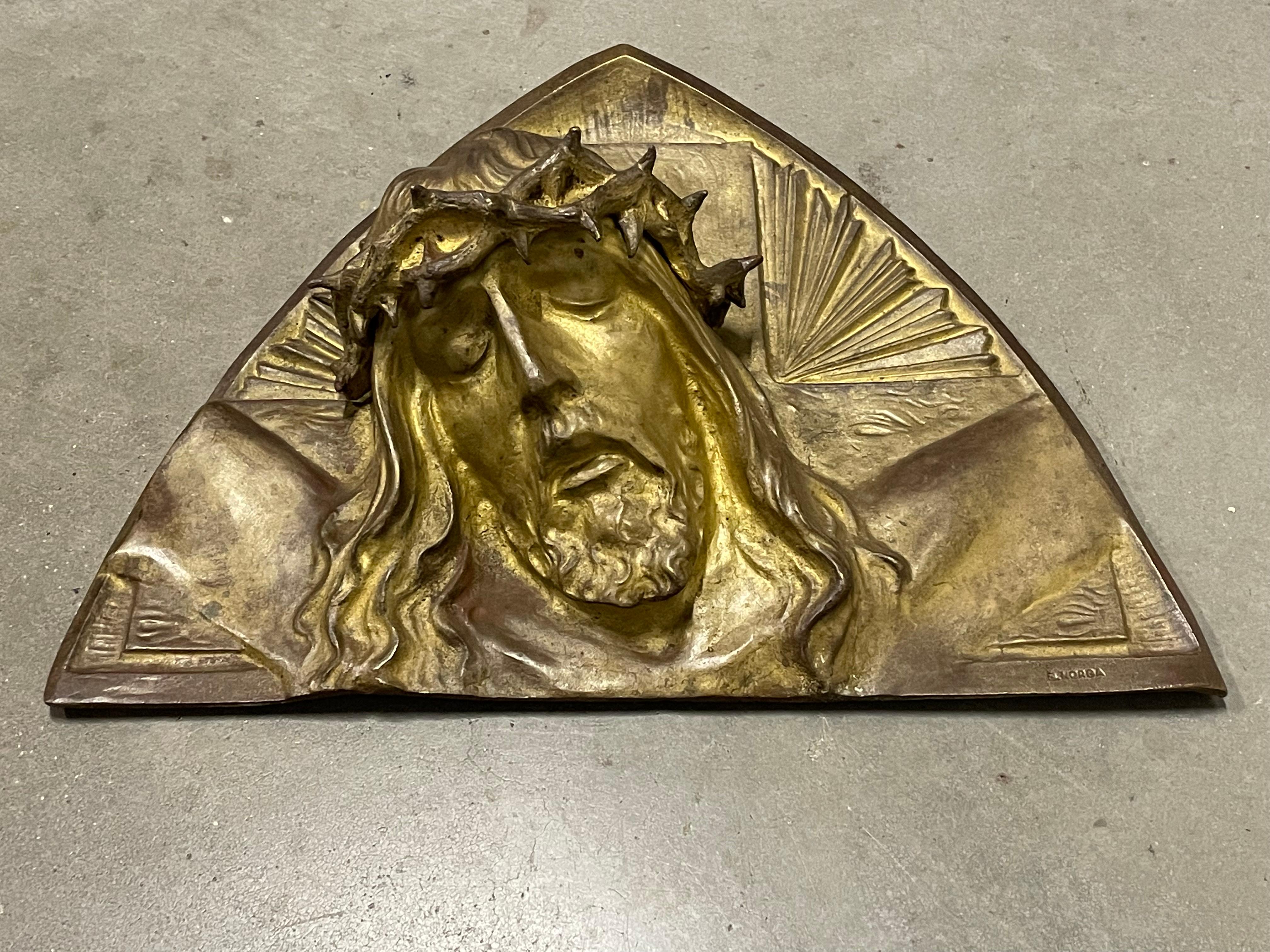 Gilt Bronze Art Deco Wall Sculpture of Christ with Crown of Thorns by S. Norga 9