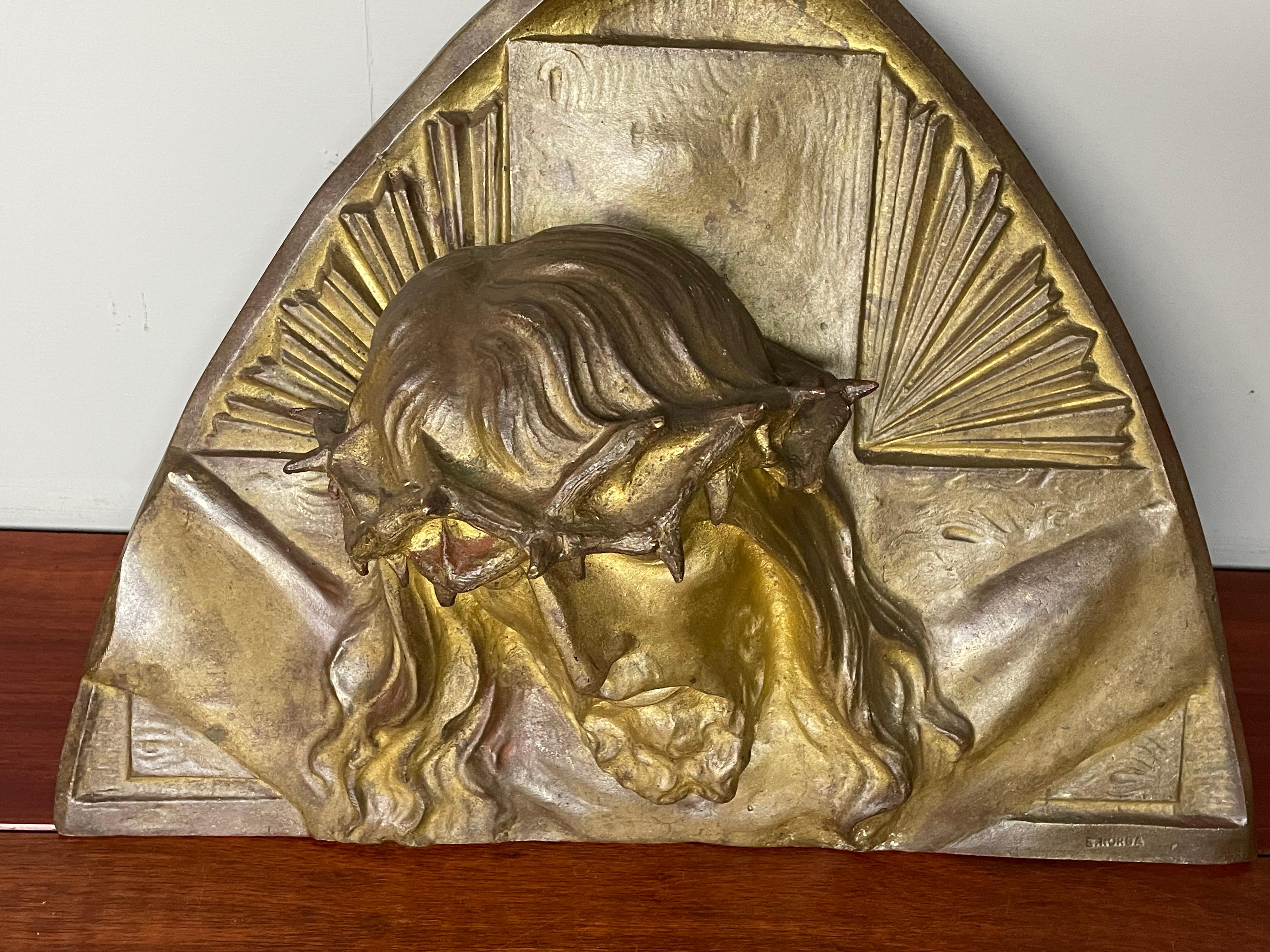 Gilt Bronze Art Deco Wall Sculpture of Christ with Crown of Thorns by S. Norga 10