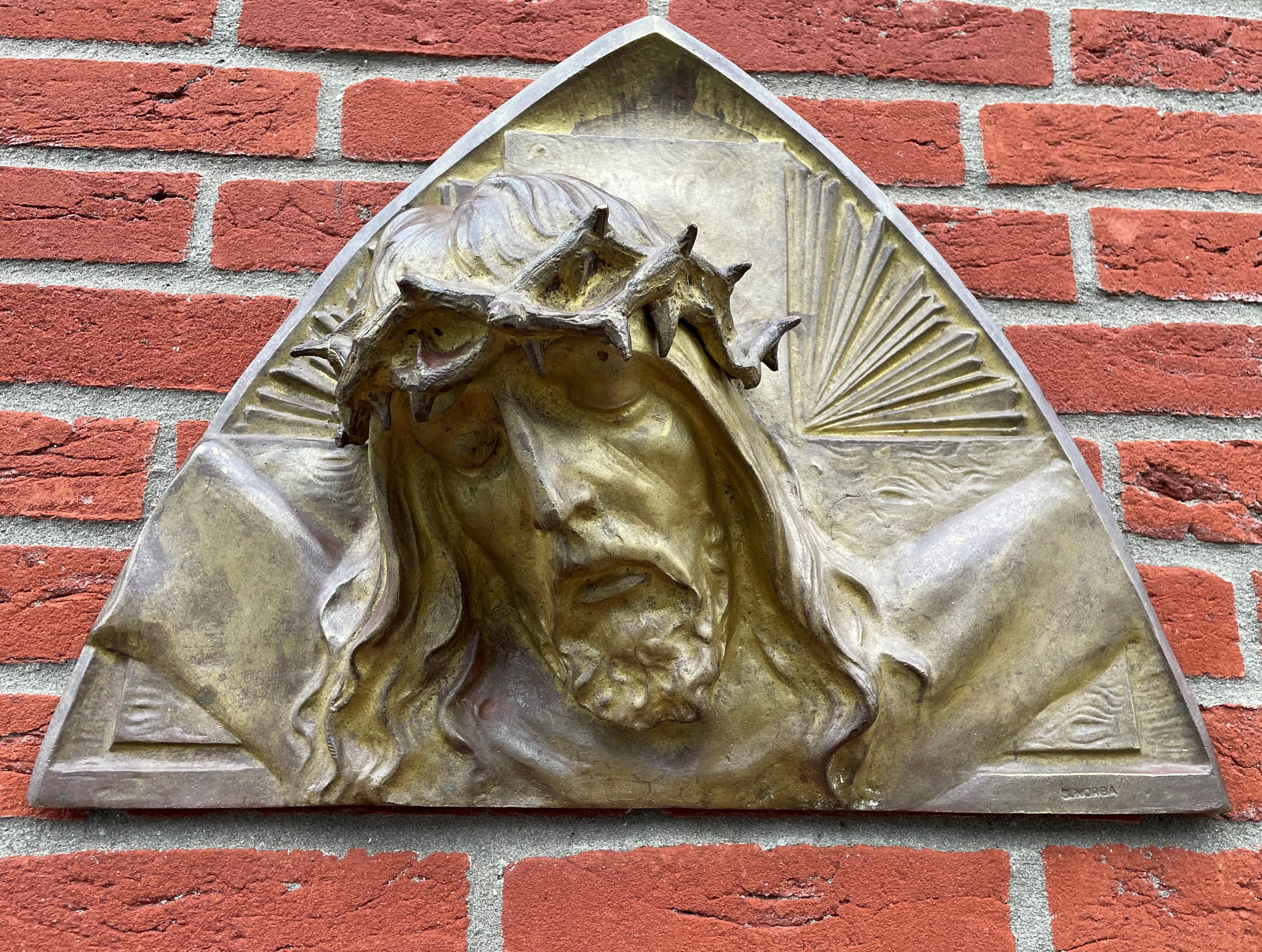 Sculpture murale Art dco en bronze dor reprsentant le Christ avec une couronne de Thorns par S. Norga 9
