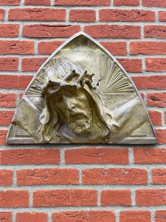 Escultura de pared Art Decó de bronce dorado de Cristo con corona de espinas de S. Norga