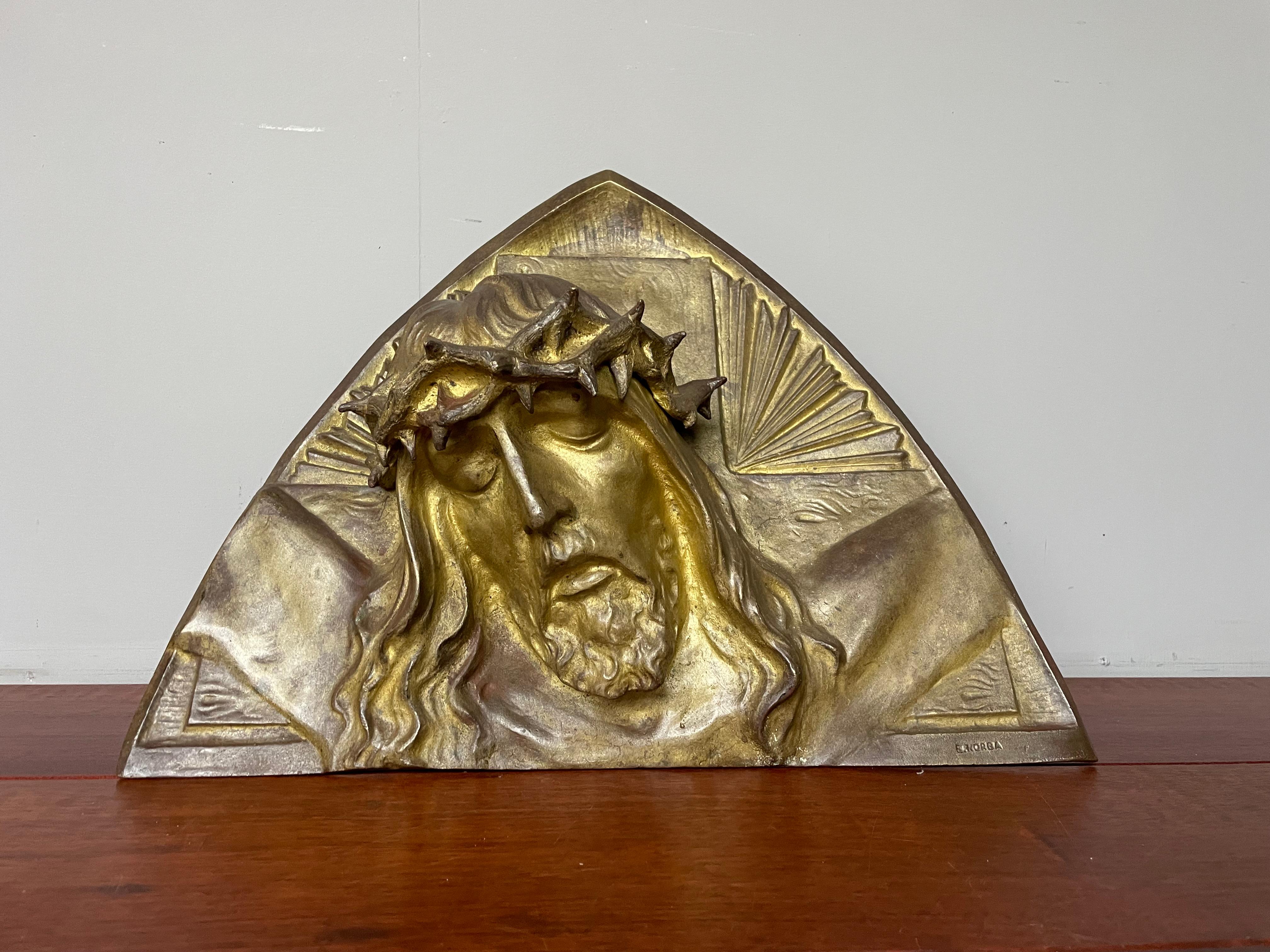 Belgian Gilt Bronze Art Deco Wall Sculpture of Christ with Crown of Thorns by S. Norga