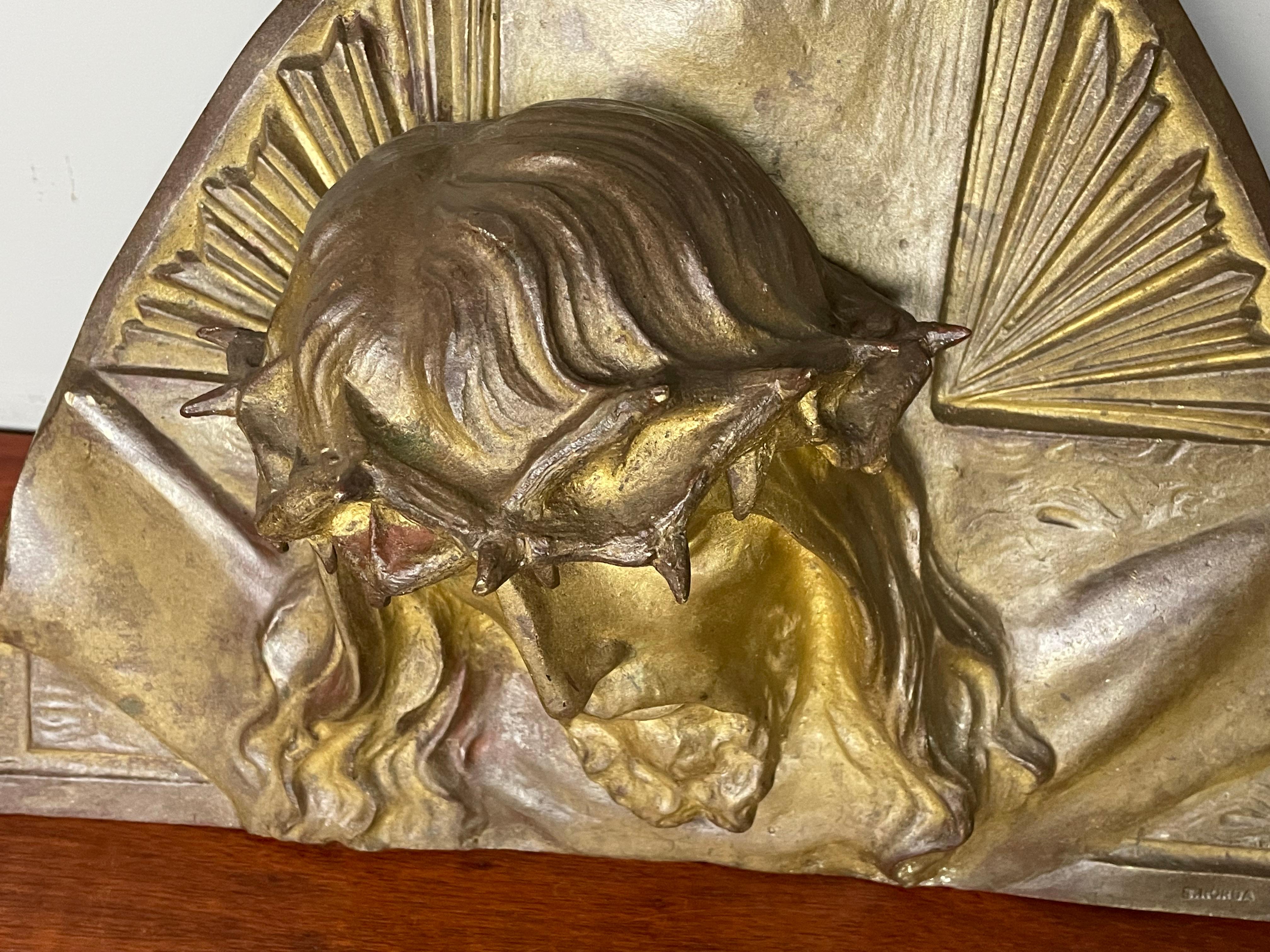 20th Century Gilt Bronze Art Deco Wall Sculpture of Christ with Crown of Thorns by S. Norga