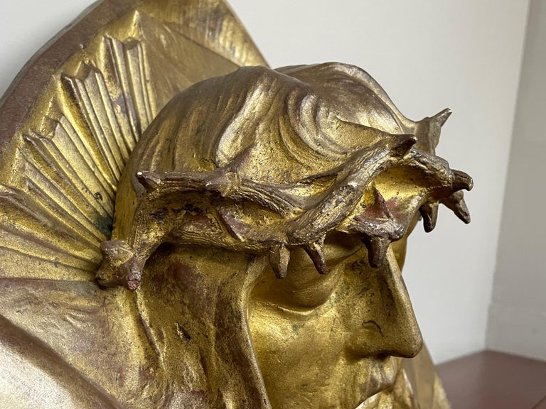 Gilt Bronze Art Deco Wall Sculpture of Christ with Crown of Thorns by S