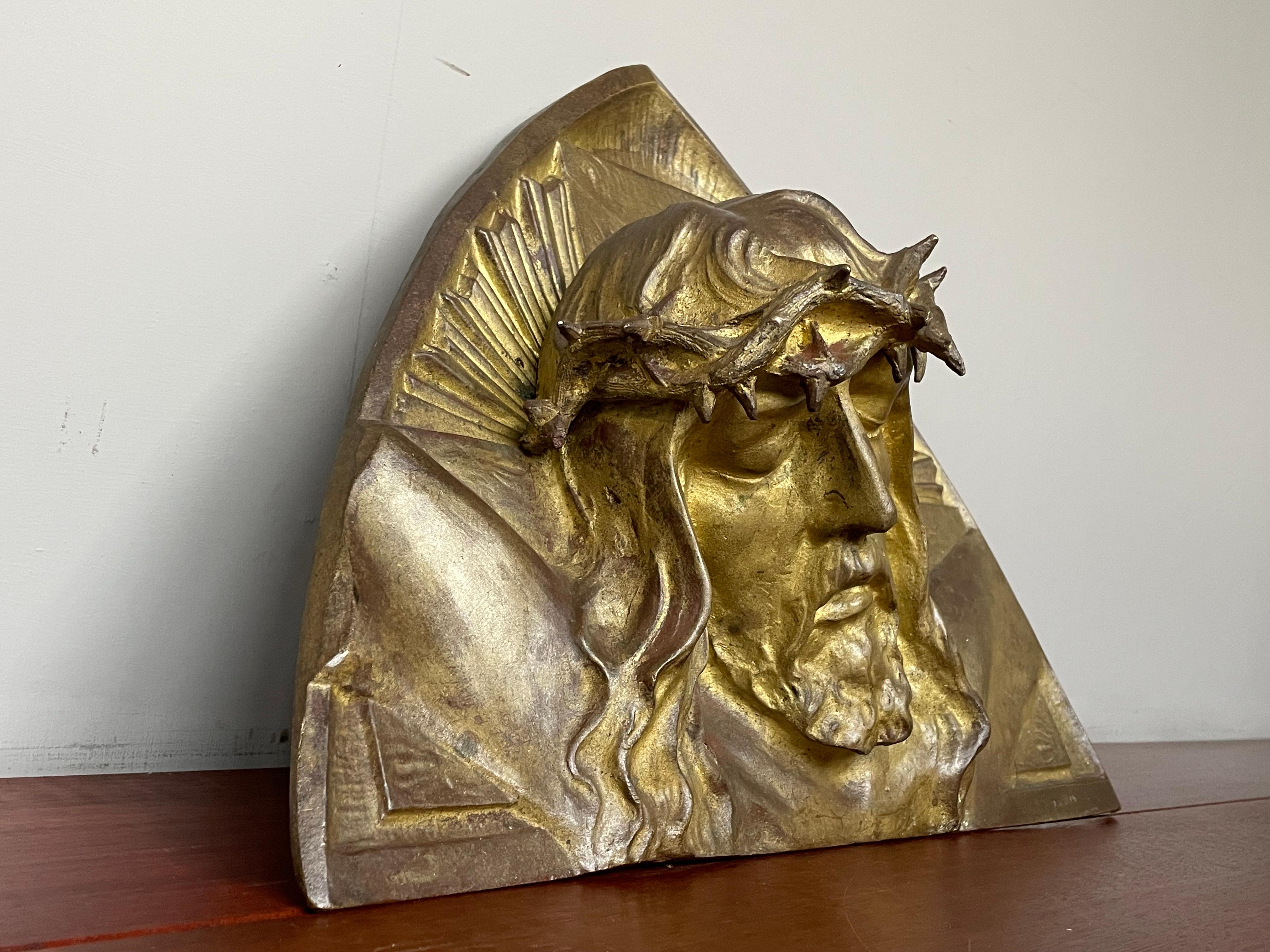 Gilt Bronze Art Deco Wall Sculpture of Christ with Crown of Thorns by S. Norga 3