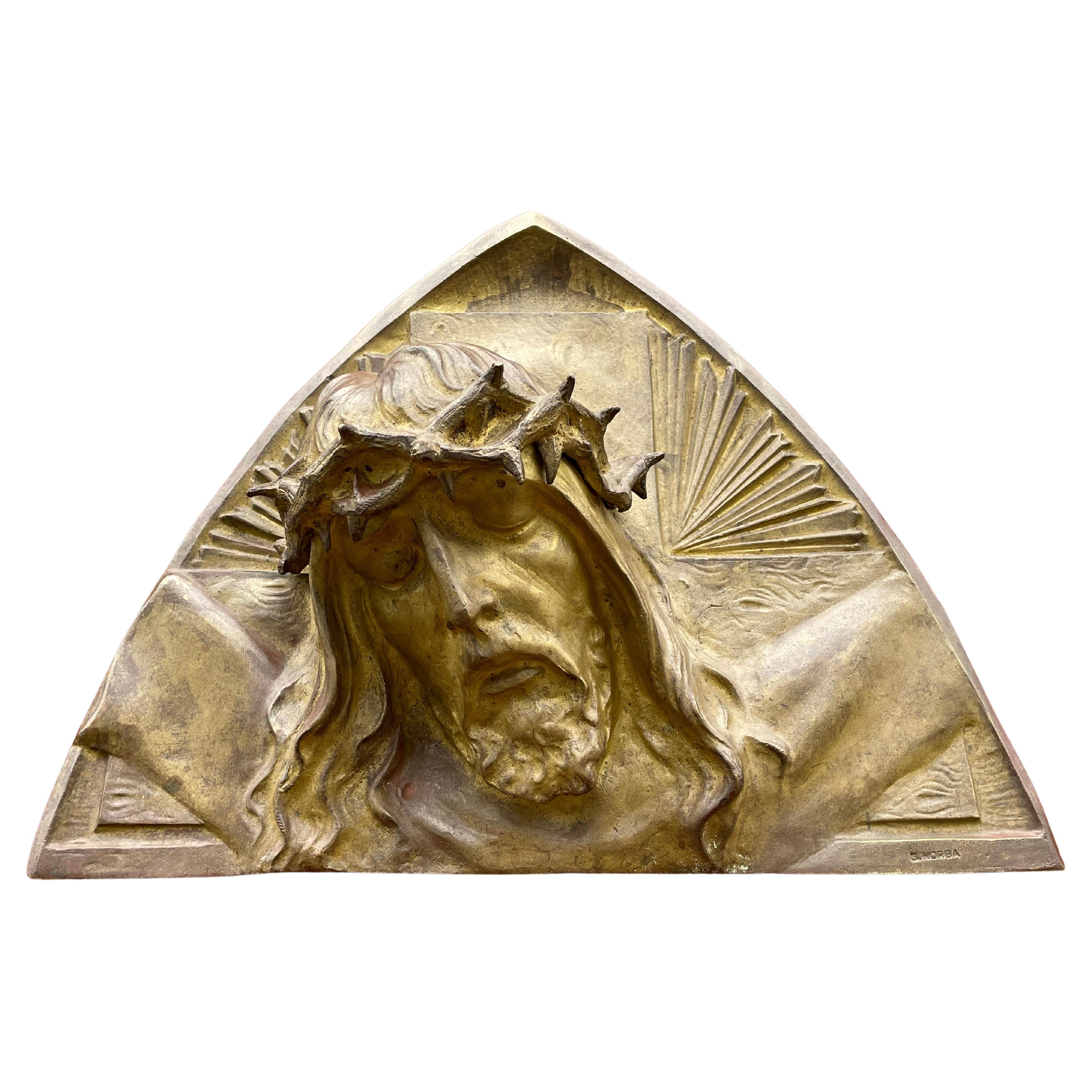 Sculpture murale Art dco en bronze dor reprsentant le Christ avec une couronne de Thorns par S. Norga