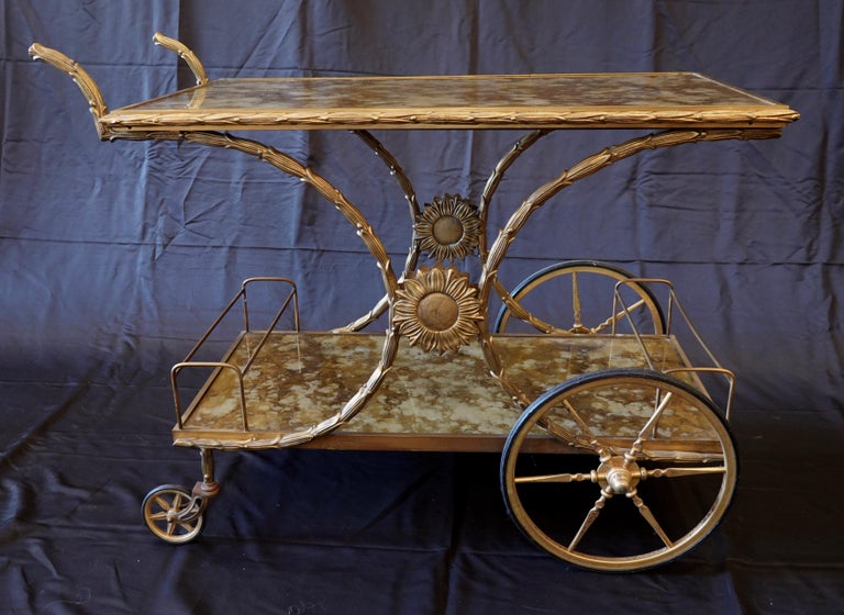 French GiltBronze Bar Cart with Gold Églomisé Tops attr. to Bagues For