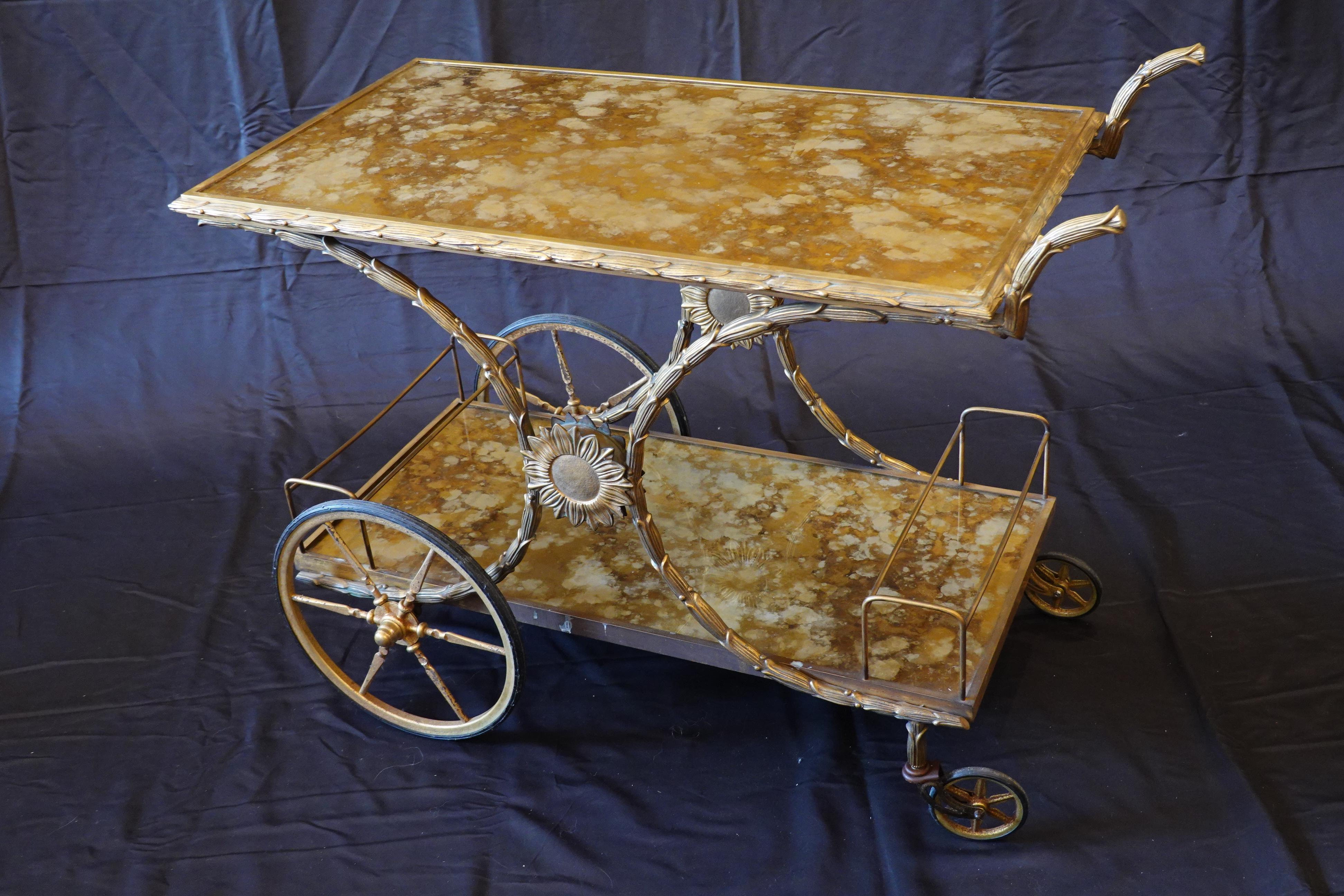 Mid-Century Modern French Gilt-Bronze Bar Cart with Gold Églomisé Tops attr. to Bagues For Sale