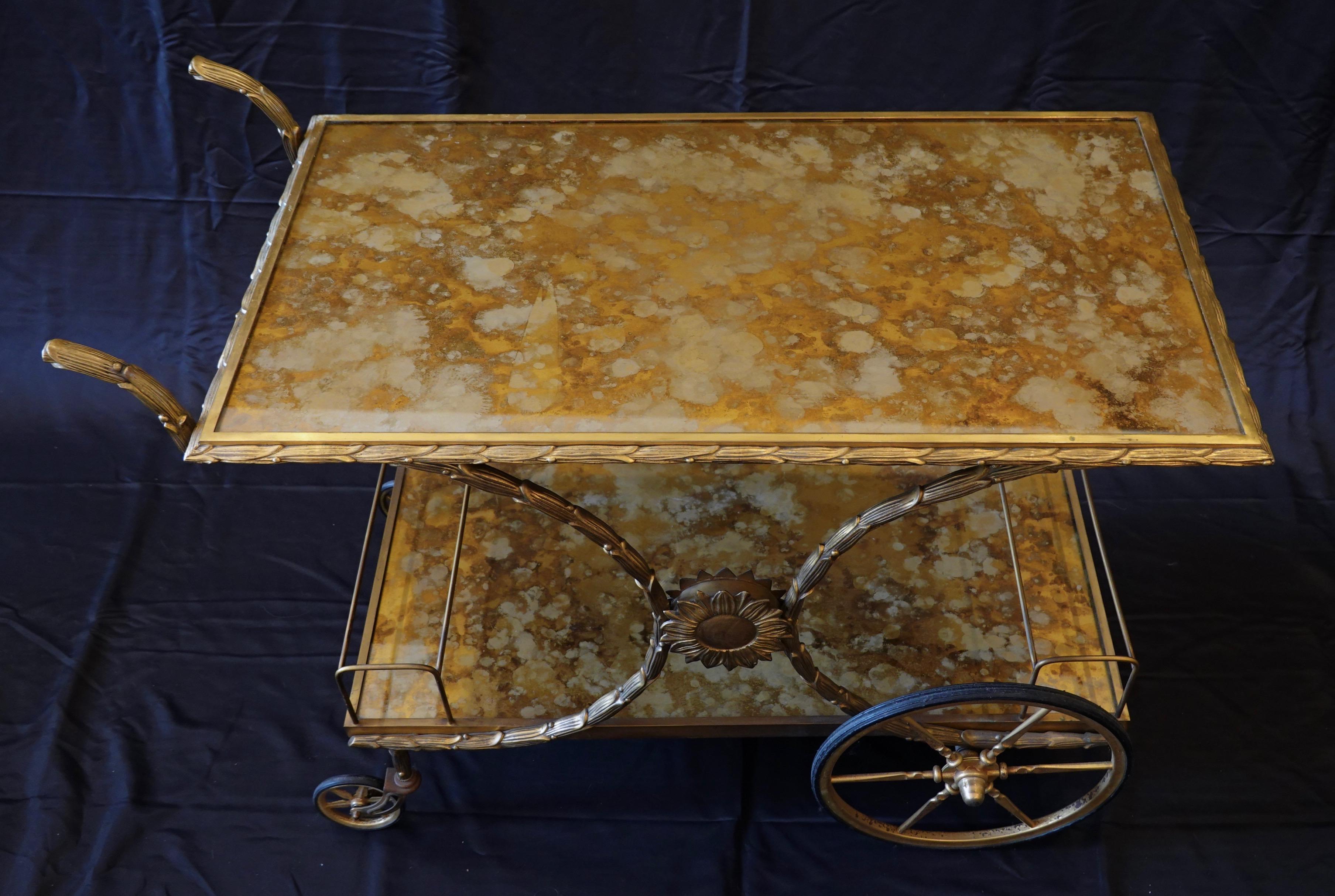 20th Century French Gilt-Bronze Bar Cart with Gold Églomisé Tops attr. to Bagues For Sale