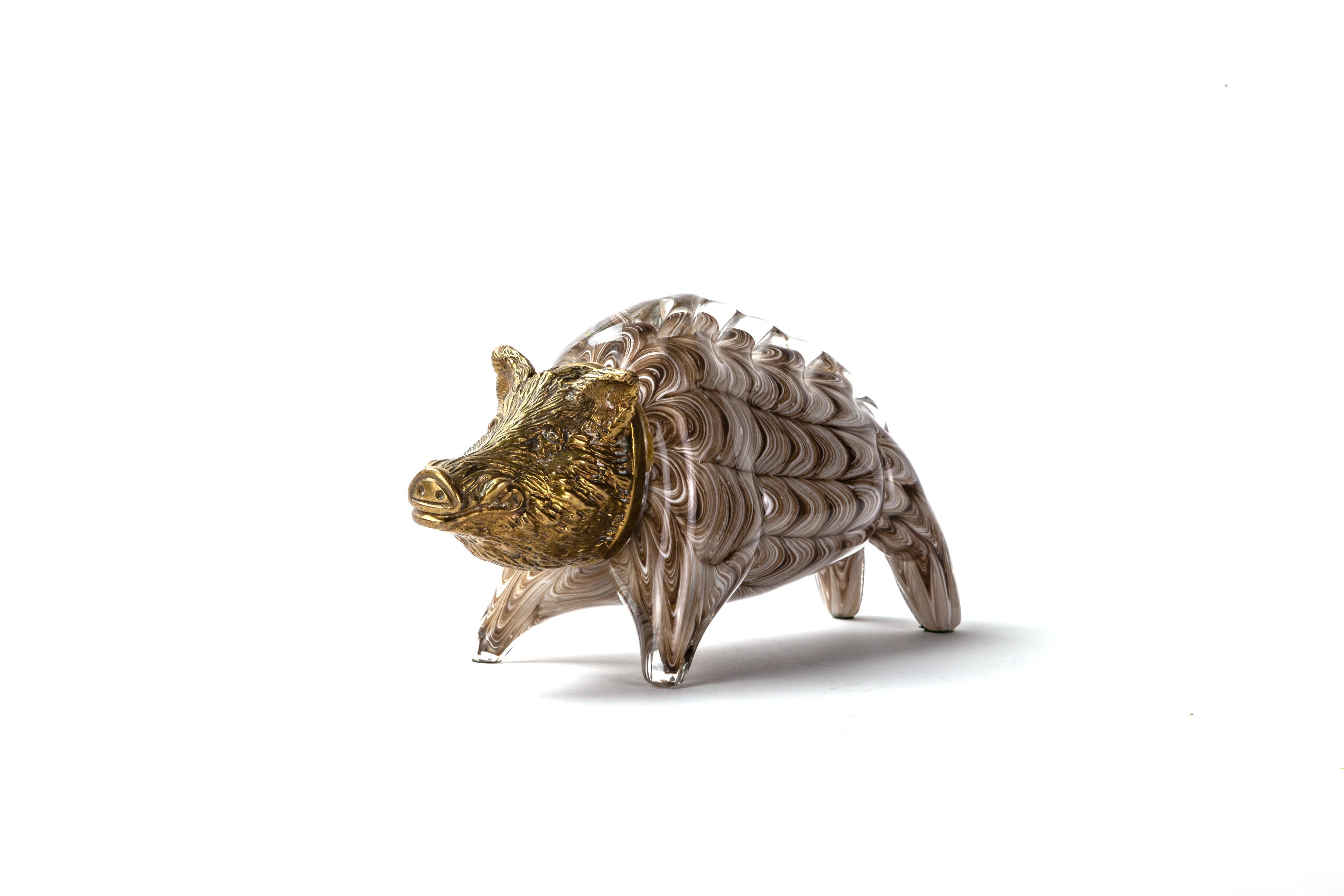 Gilt Bronze and Barovier Glass Boar Sculpture In Good Condition For Sale In New York, NY