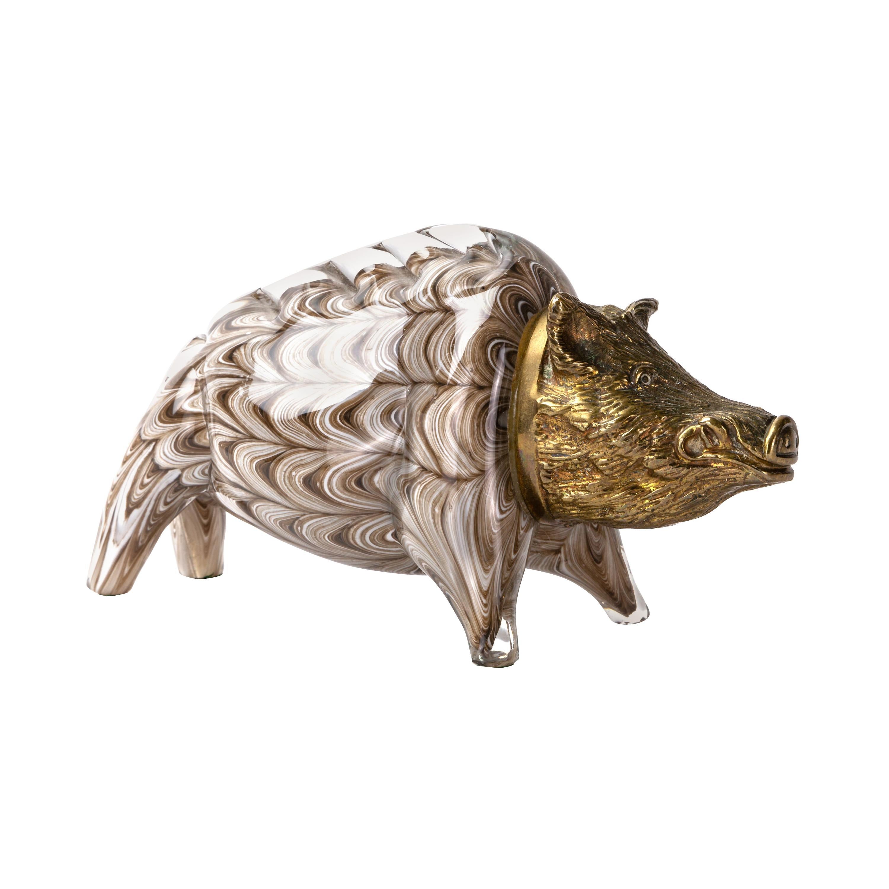 Gilt Bronze and Barovier Glass Boar Sculpture For Sale