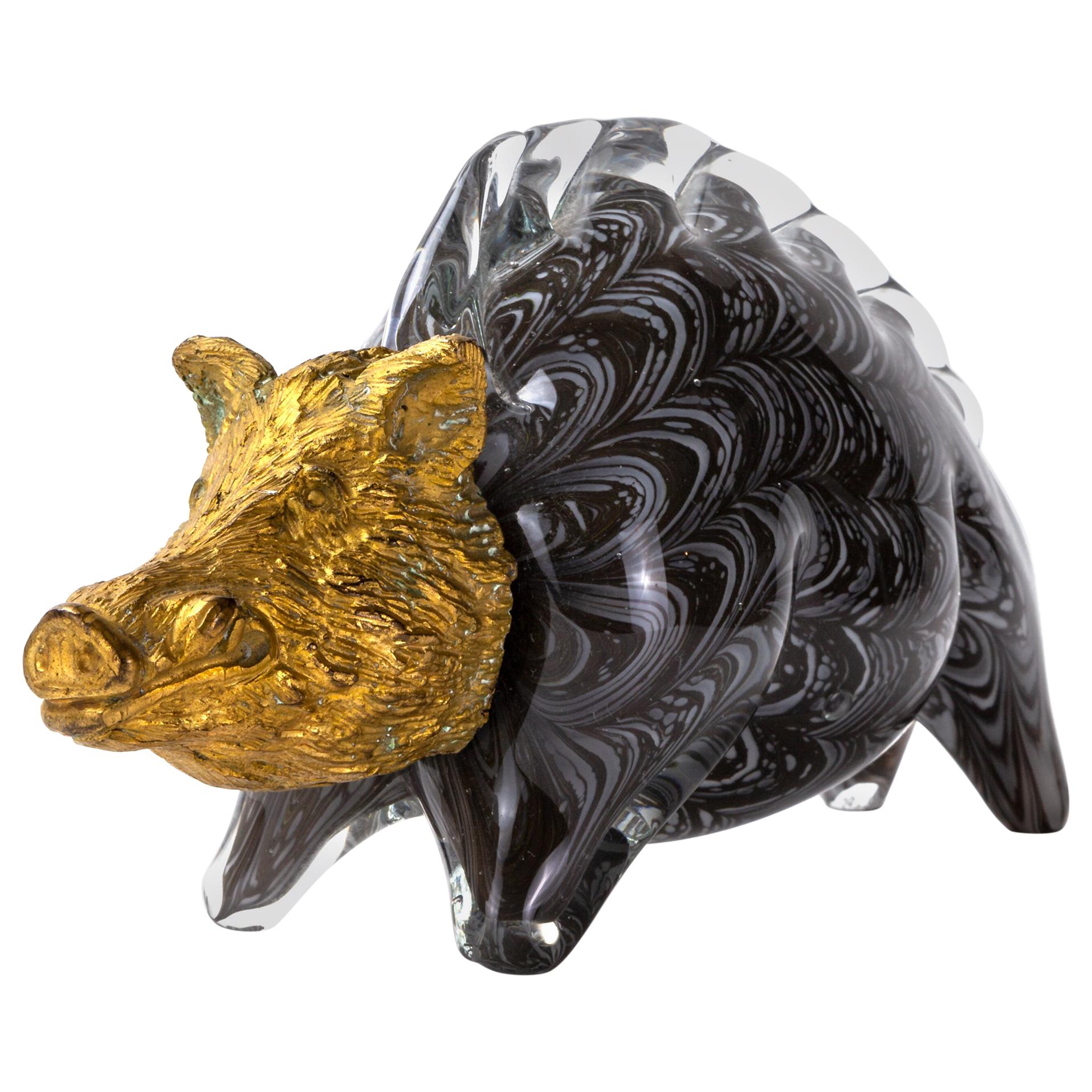 Gilt Bronze and Barovier Glass Boar Sculpture