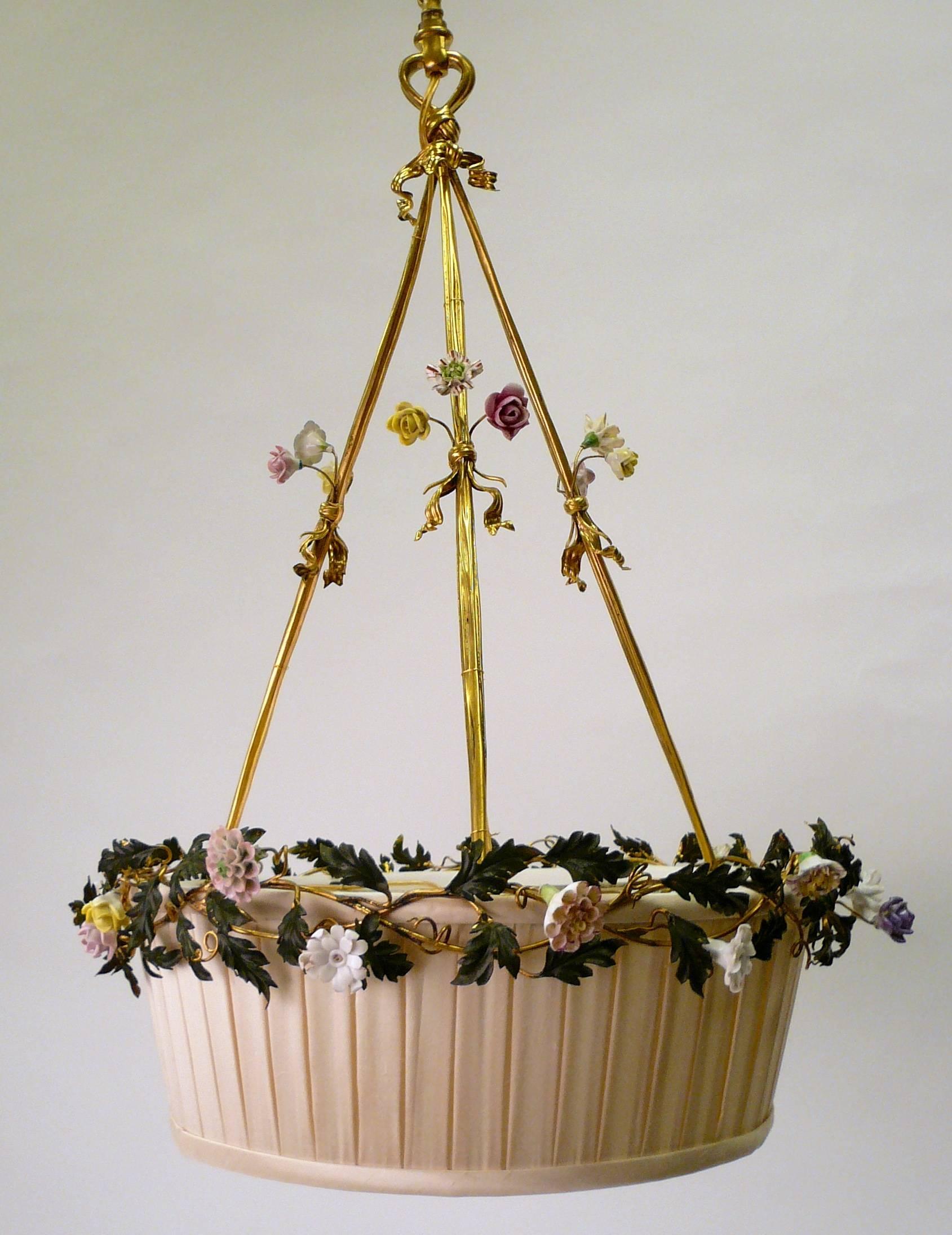Gilt Bronze Basket Form Chandelier with Porcelain Flowers by E. F. Caldwell 4