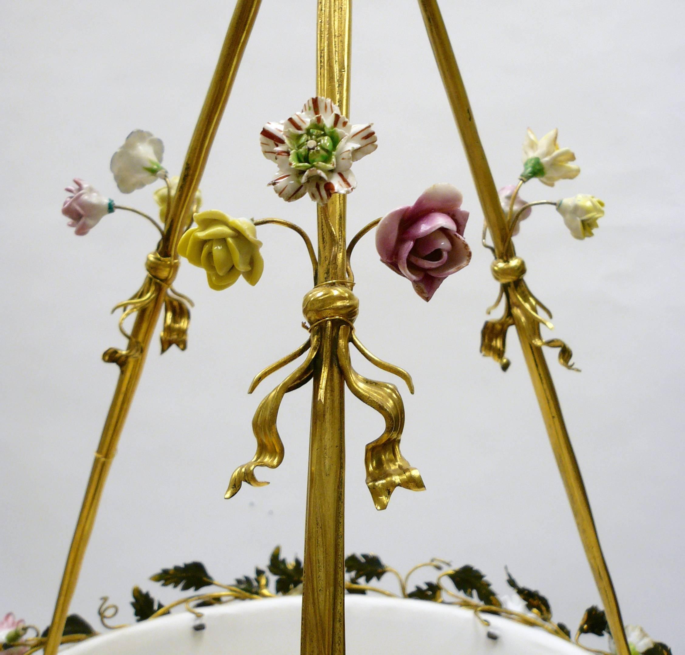 American Gilt Bronze Basket Form Chandelier with Porcelain Flowers by E. F. Caldwell