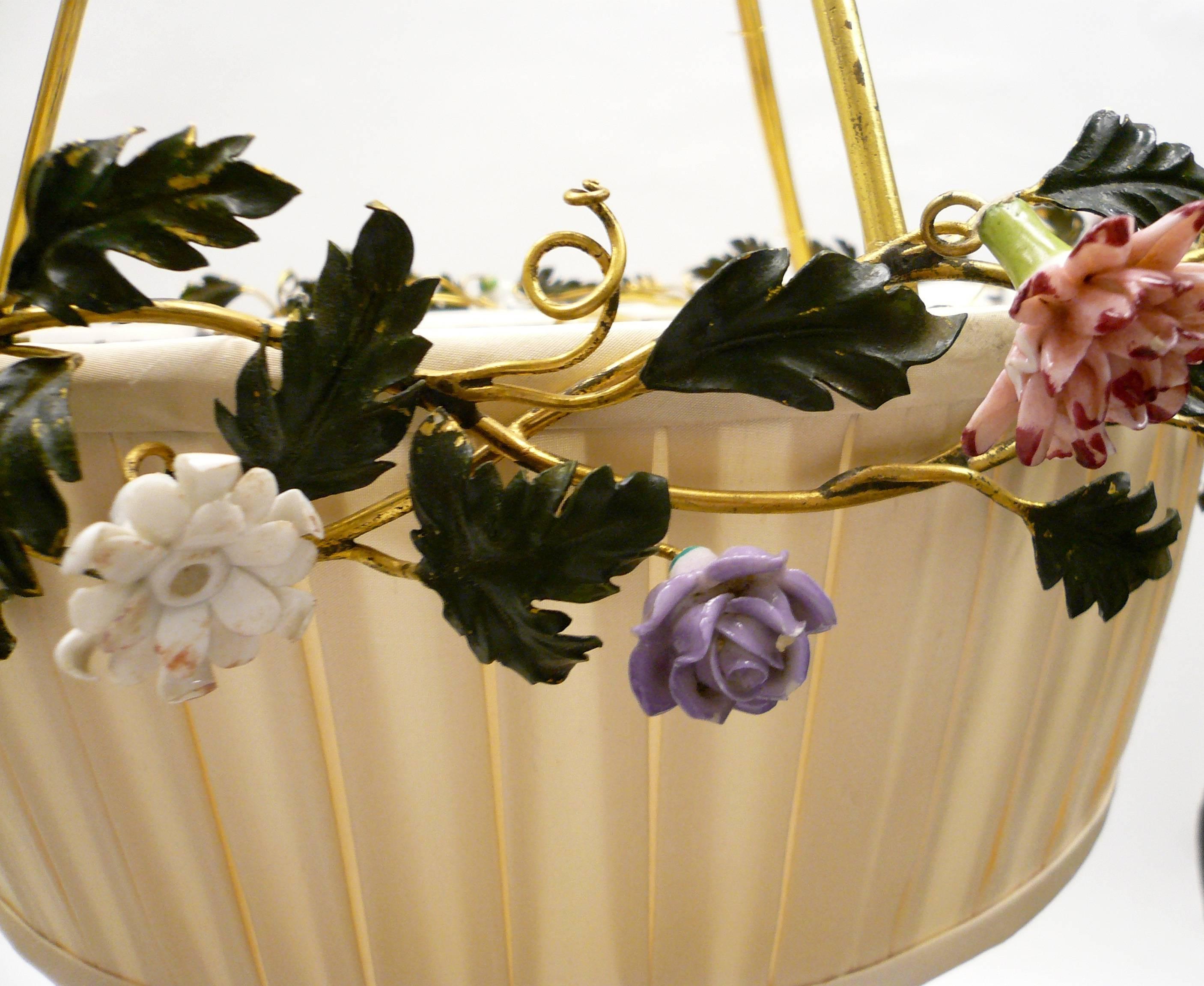 Gilt Bronze Basket Form Chandelier with Porcelain Flowers by E. F. Caldwell In Excellent Condition In Pittsburgh, PA