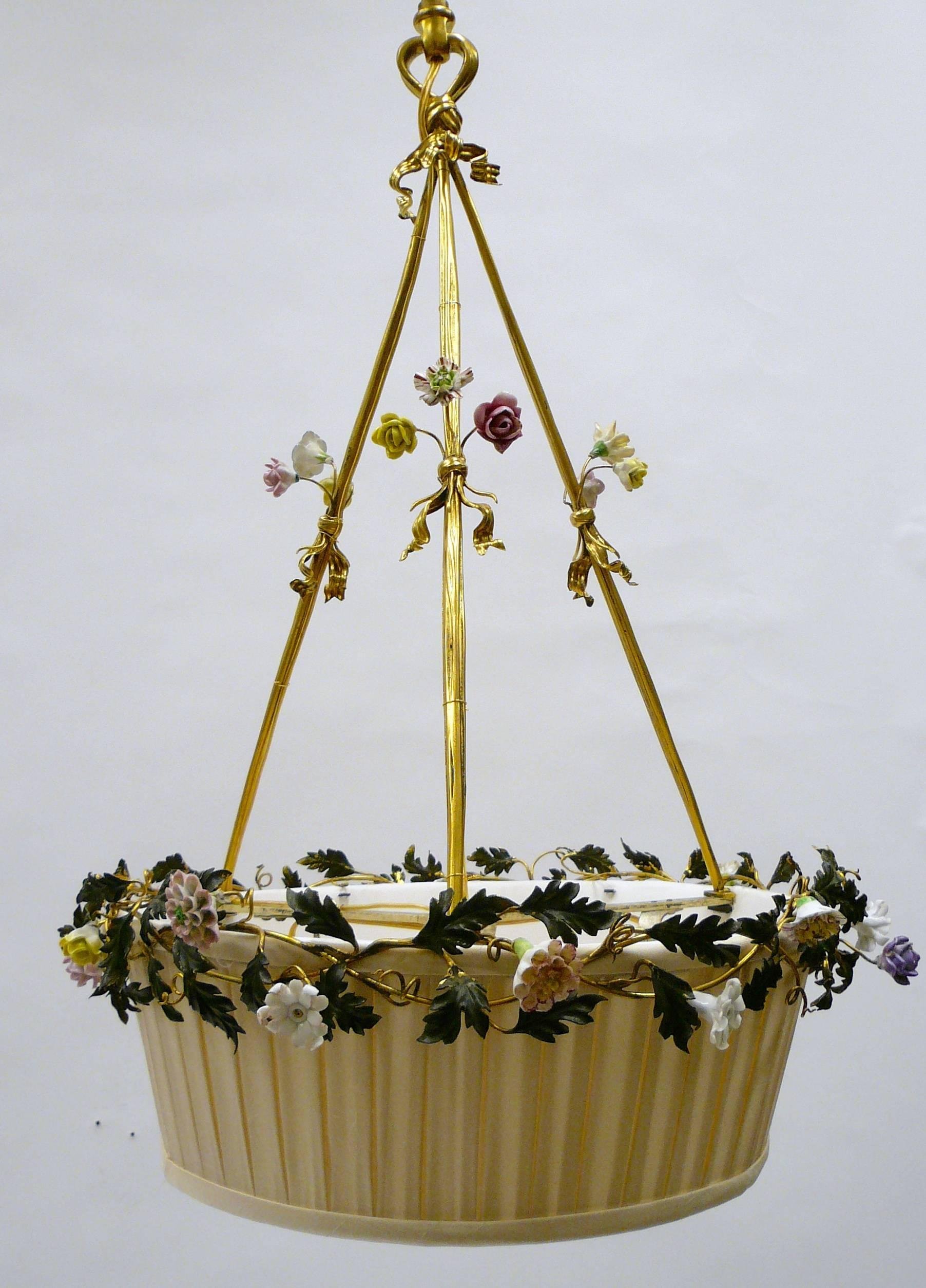 20th Century Gilt Bronze Basket Form Chandelier with Porcelain Flowers by E. F. Caldwell