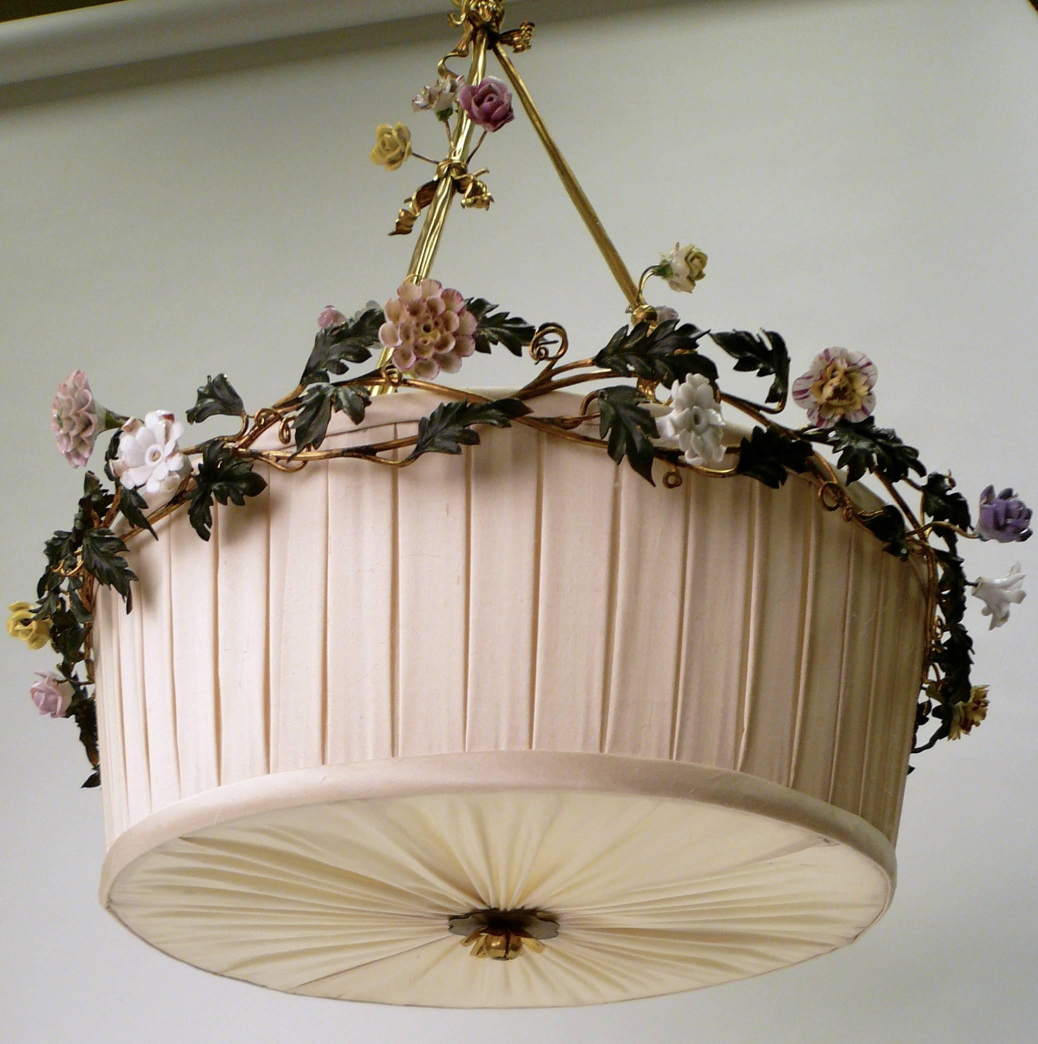 Gilt Bronze Basket Form Chandelier with Porcelain Flowers by E. F. Caldwell 1