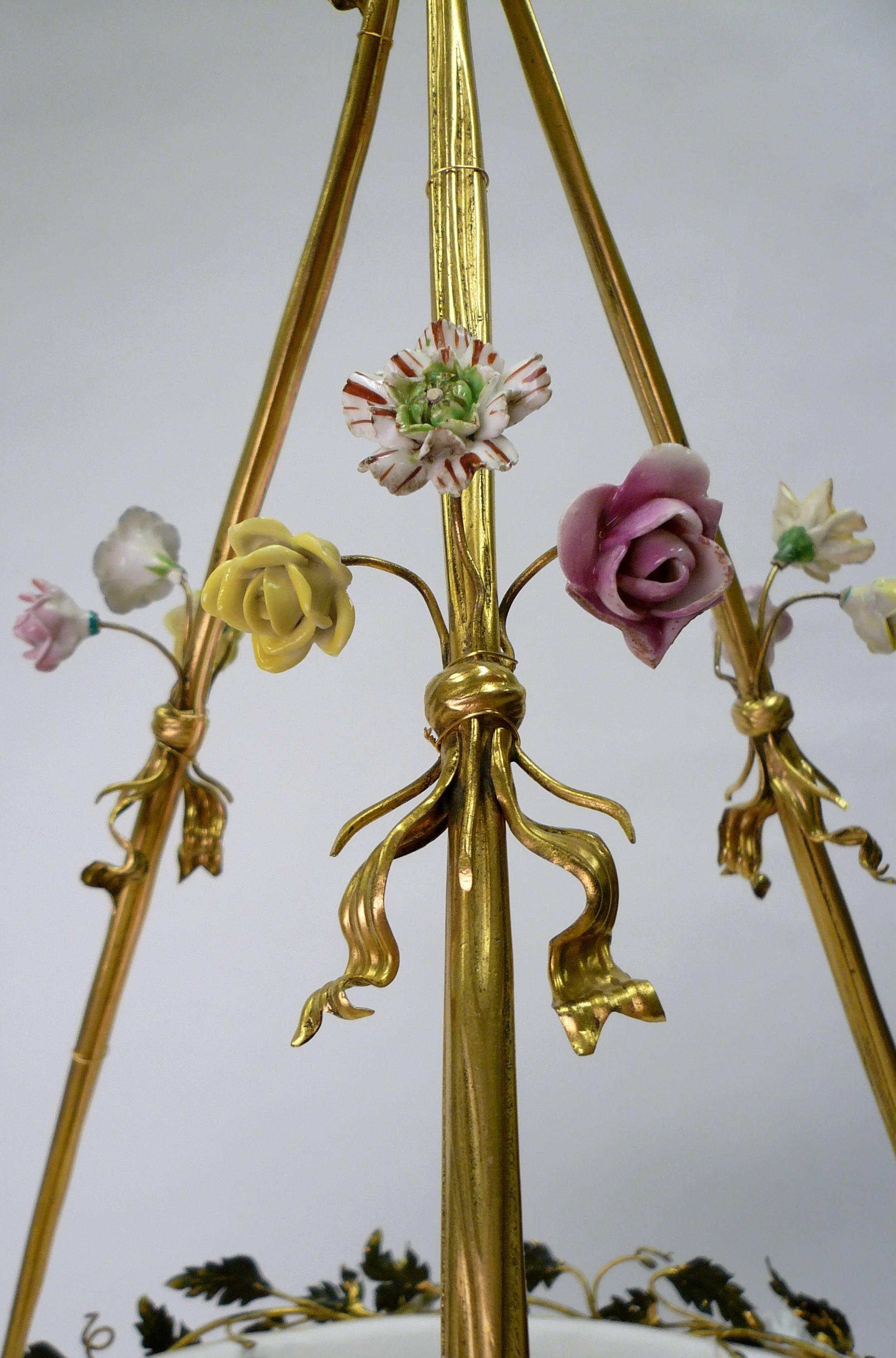 Gilt Bronze Basket Form Chandelier with Porcelain Flowers by E. F. Caldwell 3