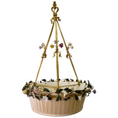 Gilt Bronze Basket Form Chandelier with Porcelain Flowers by E. F. Caldwell