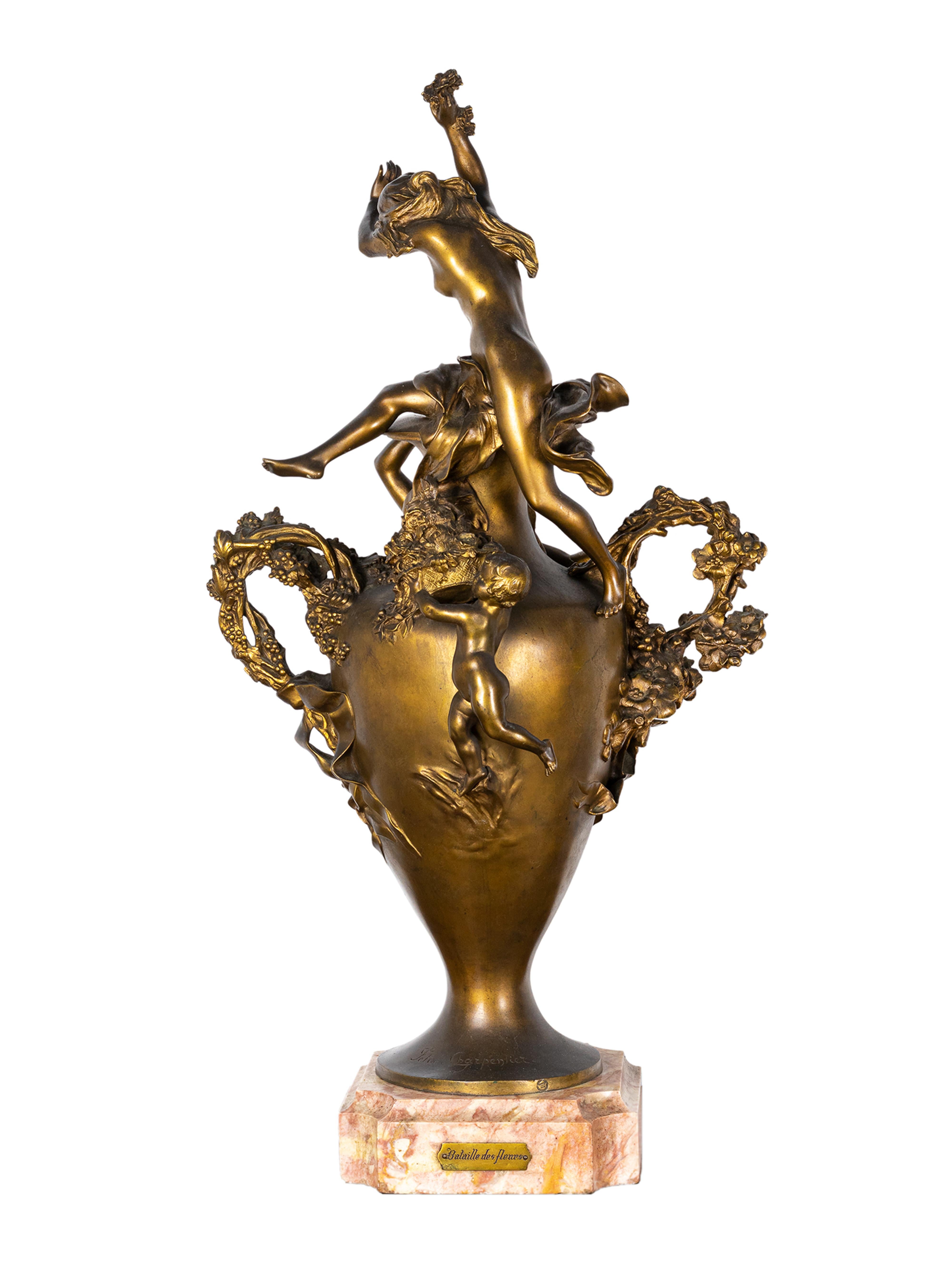 Gilt-bronze Battle of the flowers statue by Félix Charpentier In Good Condition For Sale In Lisbon, PT