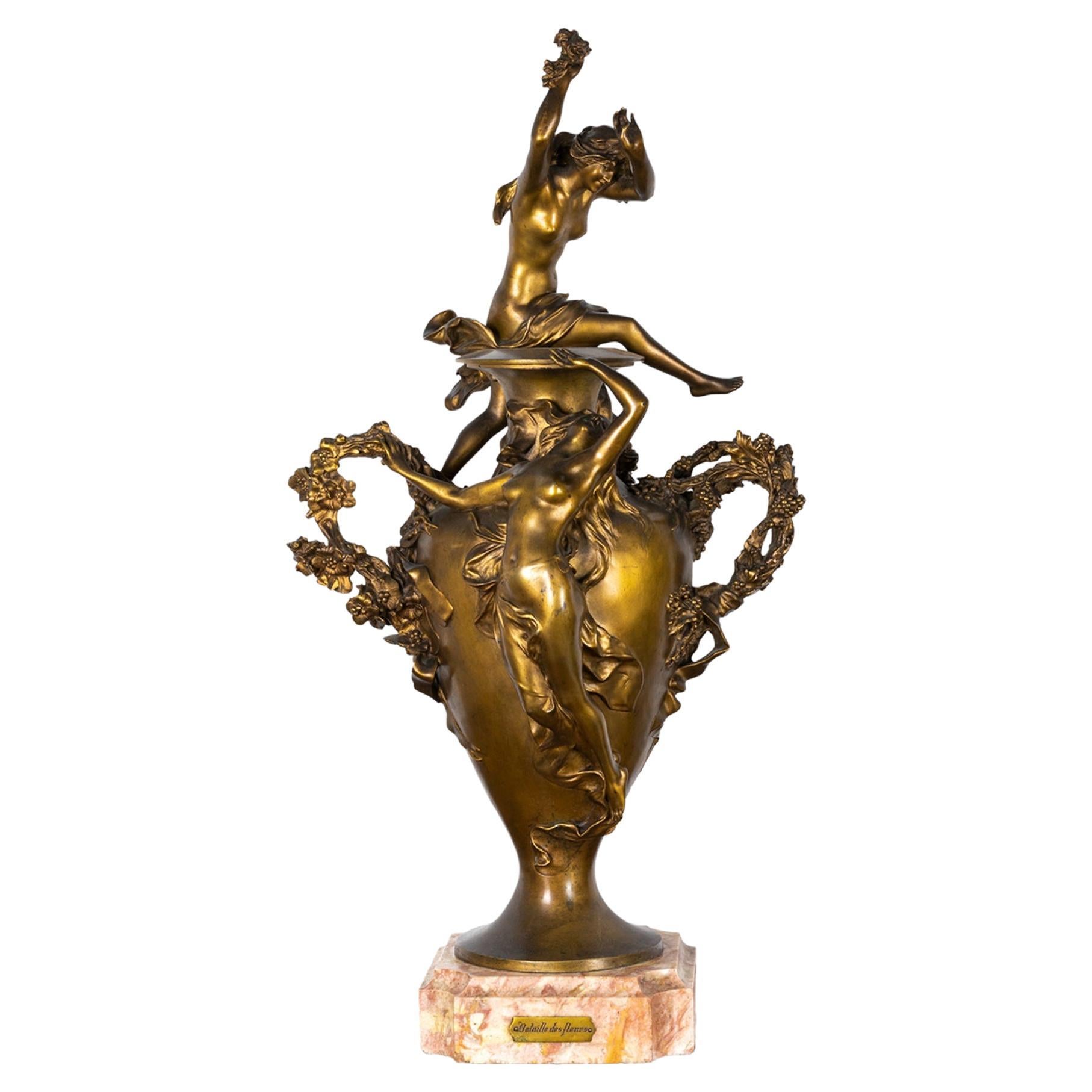 Gilt-bronze Battle of the flowers statue by Félix Charpentier  For Sale
