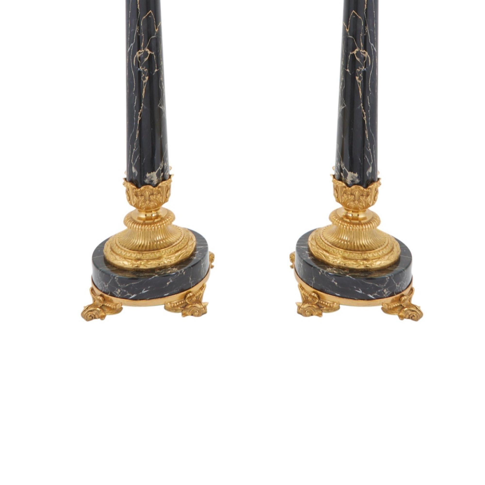 Empire Gilt Bronze / Black Marble Seven-Light Candelabra Pair Table Lamp For Sale