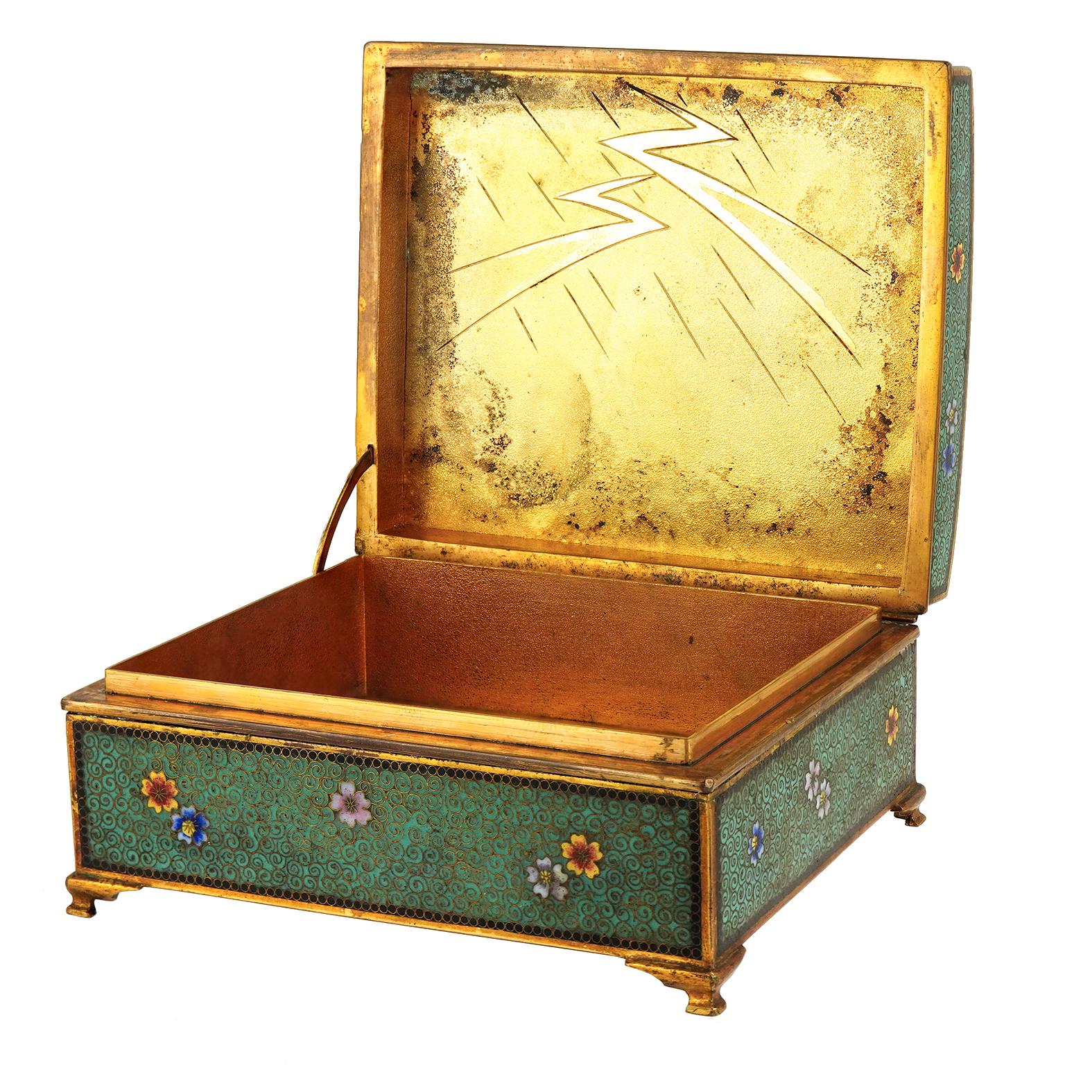 Circa 1880s, Japan.  This late 19th-century Japanese box features a stunning floral scene primarily of morning glories. The enamel work is superb with delicate colors and a combination of Cloisonné & Champlevé work.  The box is bronze and copper