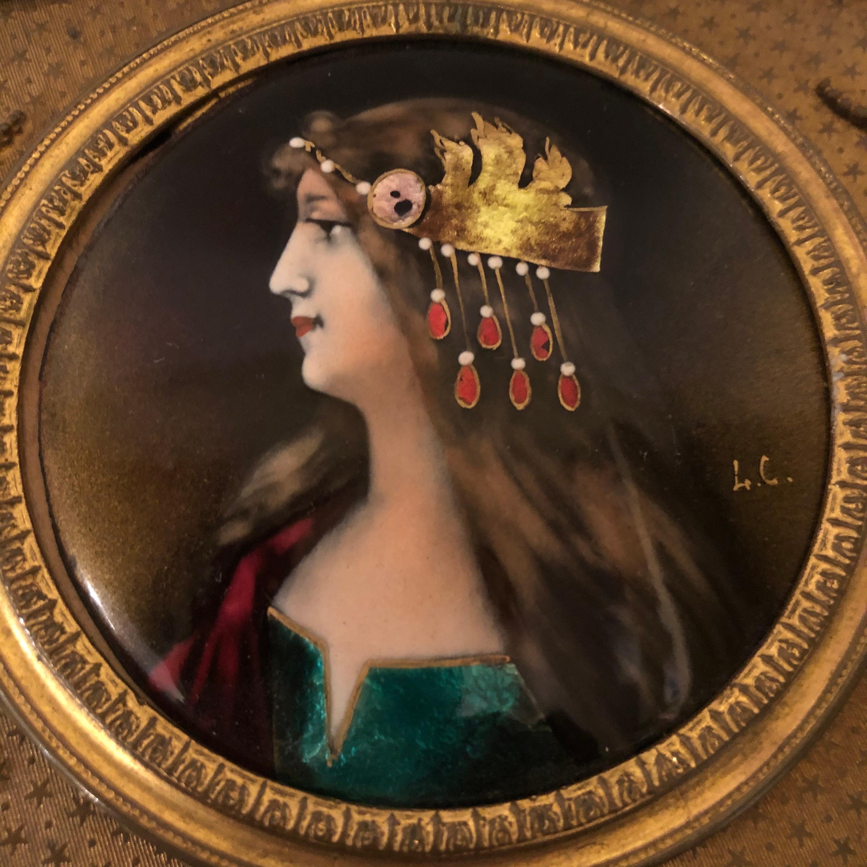 Napoleon III Gilt Bronze Box with Enamel Portrait of Beautiful Lady on Four Raised Feet For Sale