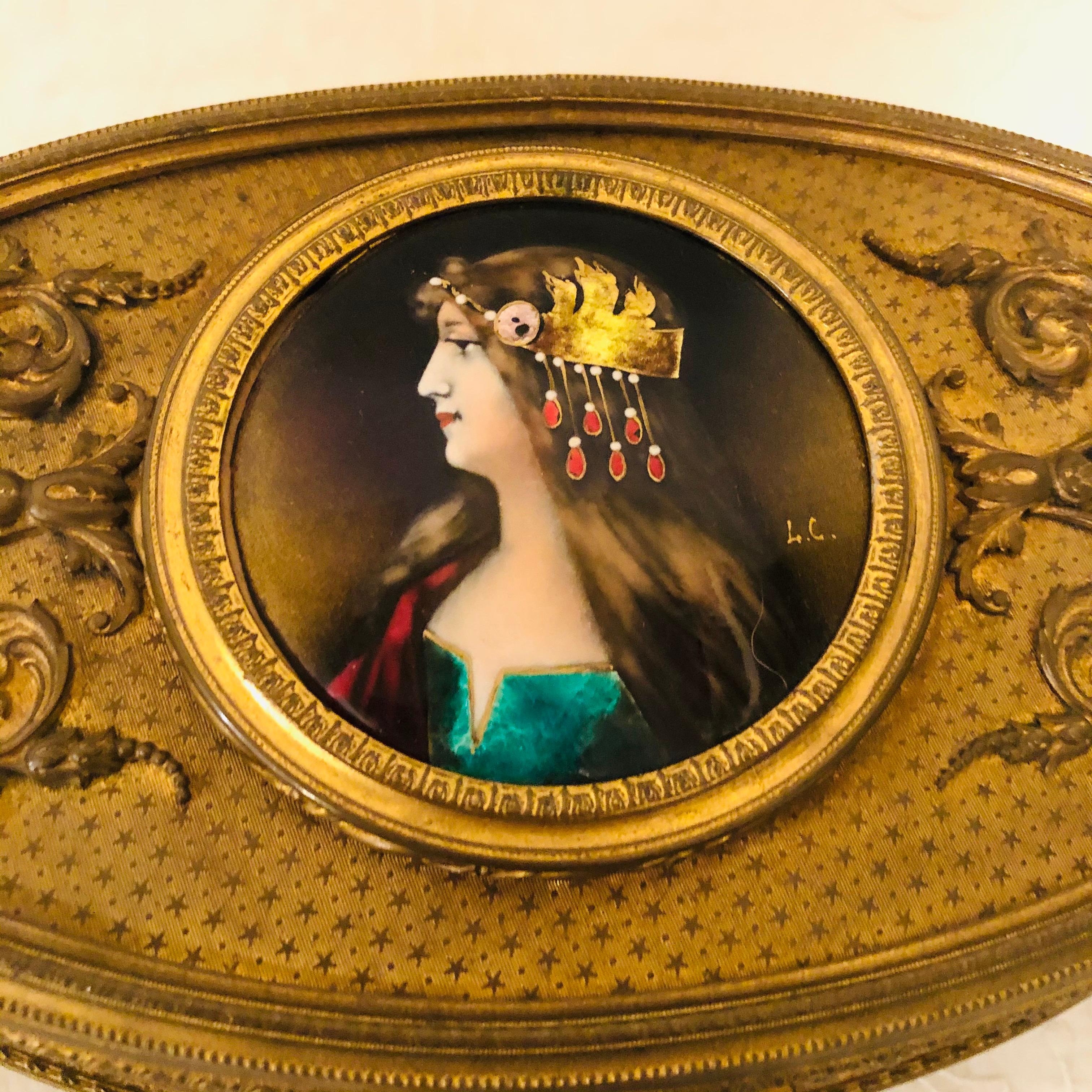 French Gilt Bronze Box with Enamel Portrait of Beautiful Lady on Four Raised Feet For Sale