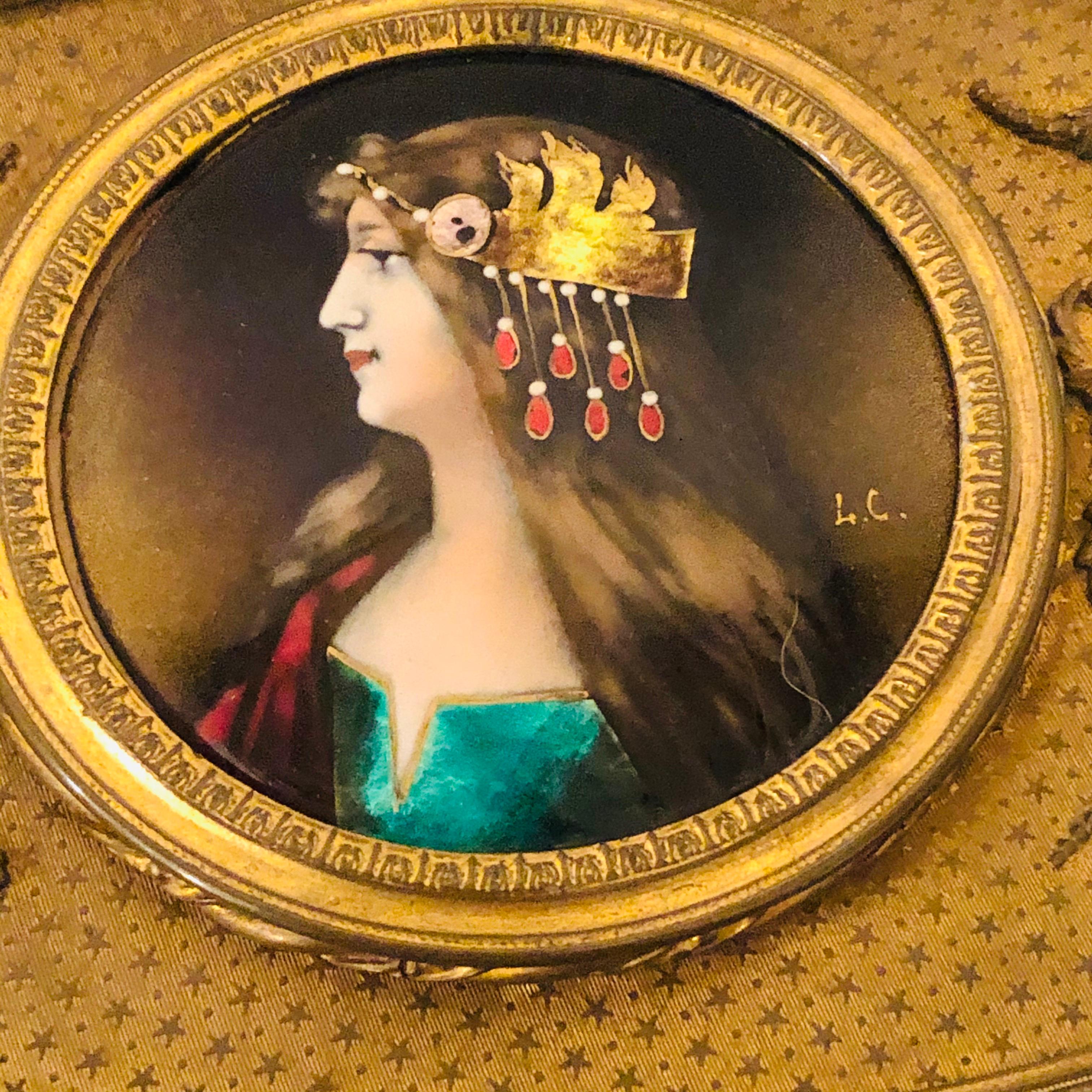 Enameled Gilt Bronze Box with Enamel Portrait of Beautiful Lady on Four Raised Feet For Sale