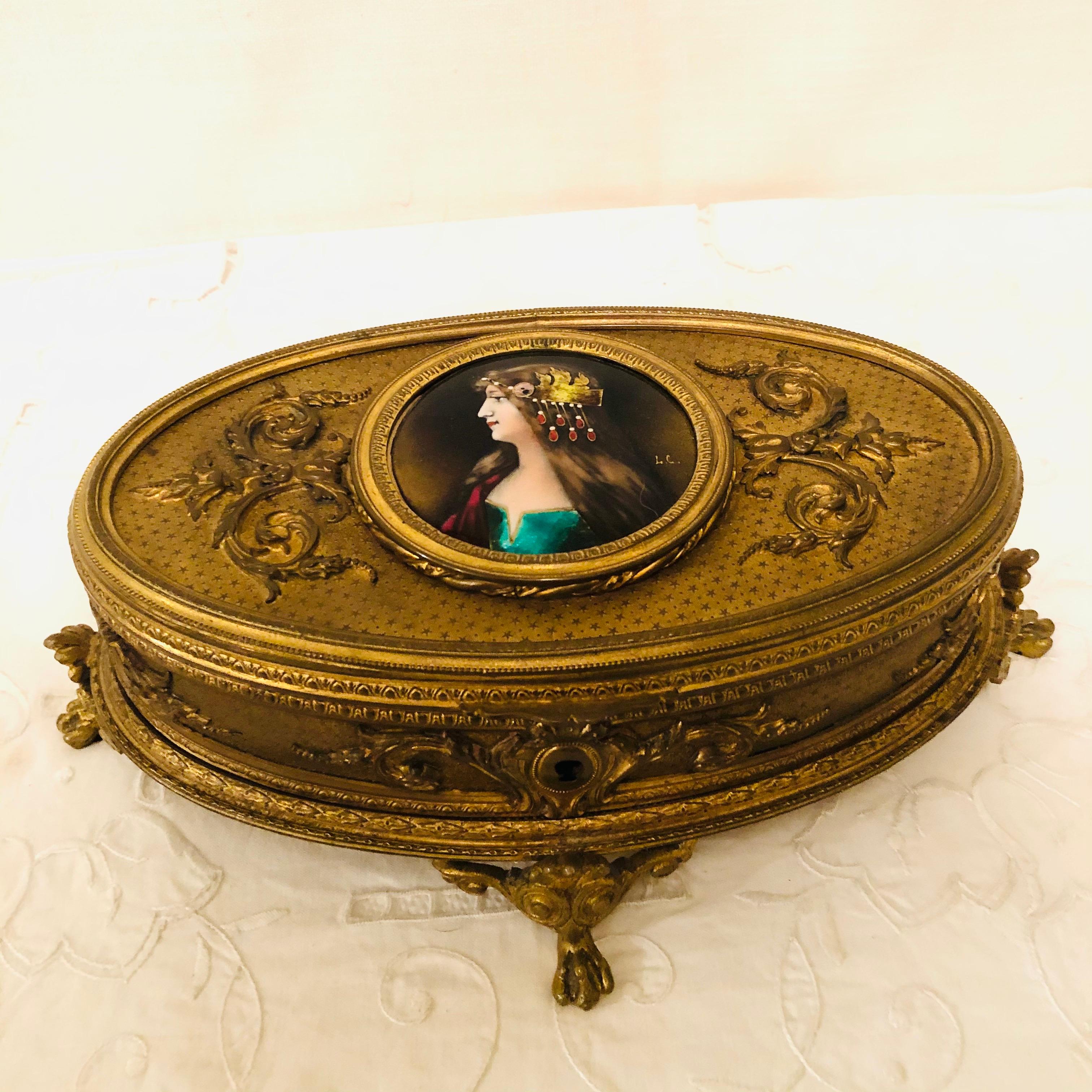 Gilt Bronze Box with Enamel Portrait of Beautiful Lady on Four Raised Feet In Good Condition For Sale In Boston, MA
