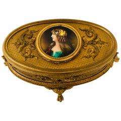 Antique Gilt Bronze Box with Enamel Portrait of Beautiful Lady on Four Raised Feet