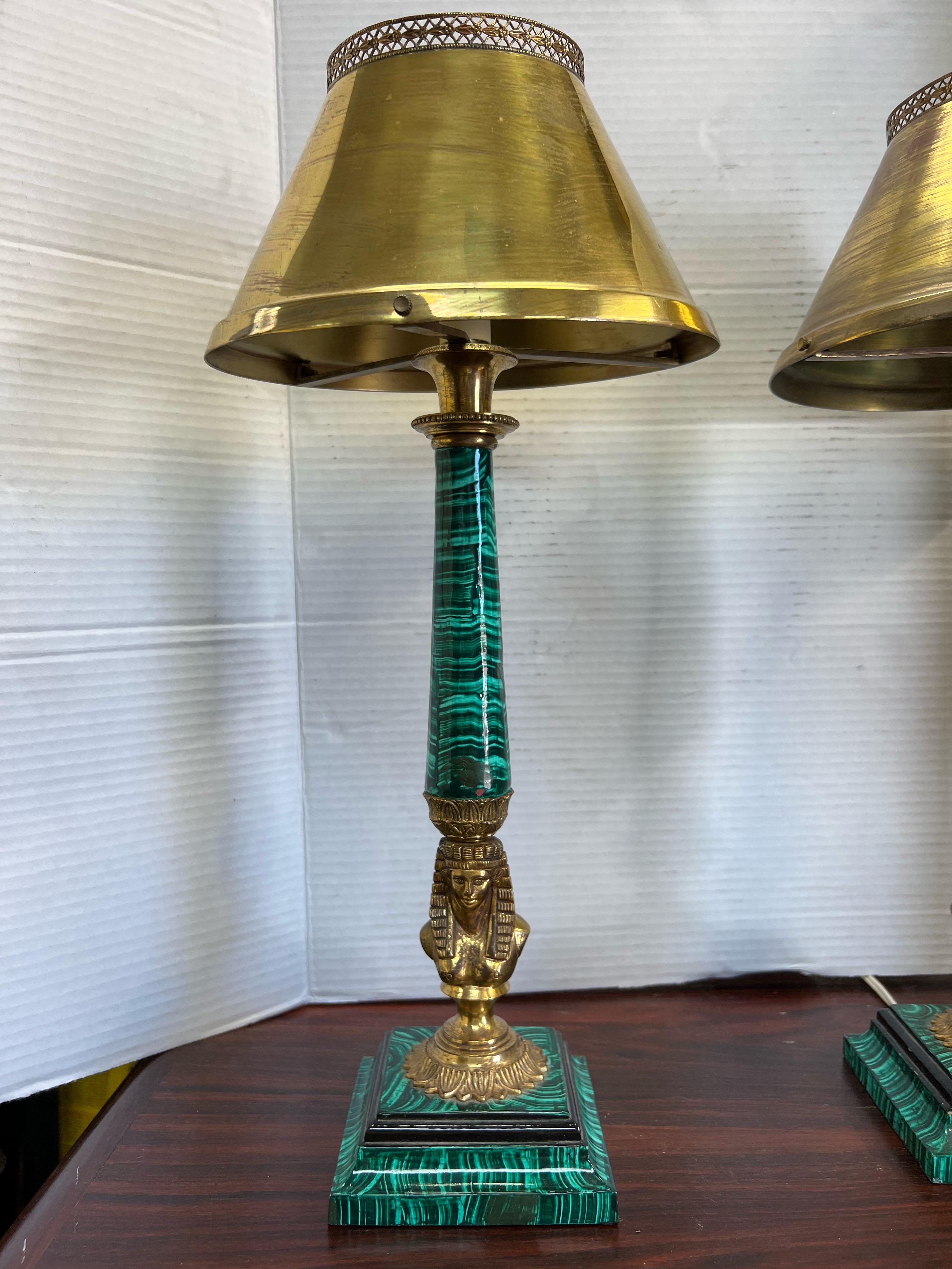 Italian Gilt Bronze & Brass Egyptian Revival Table Lamps with Faux Malachite Paint, 2