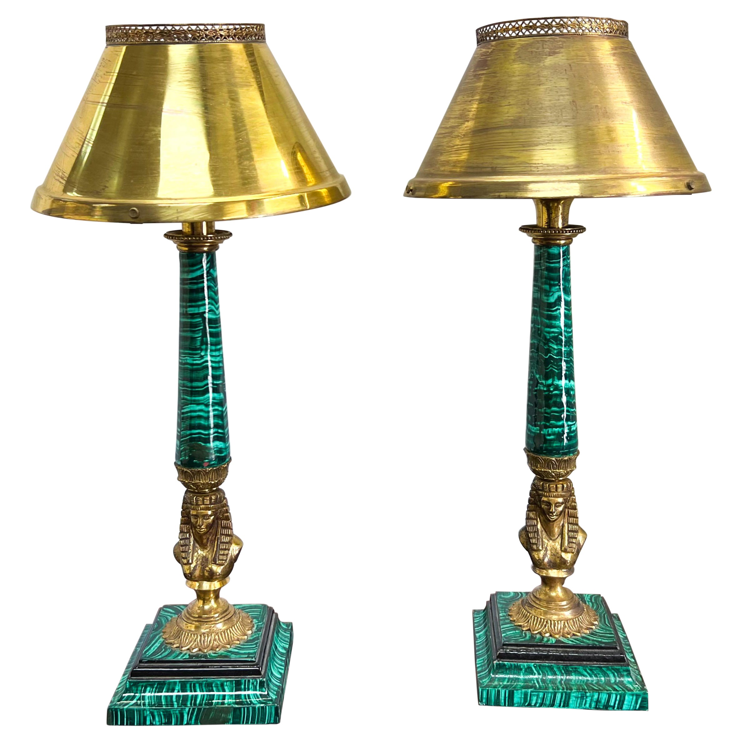 Gilt Bronze 
Brass Egyptian Revival Table Lamps with Faux Malachite Paint, 2