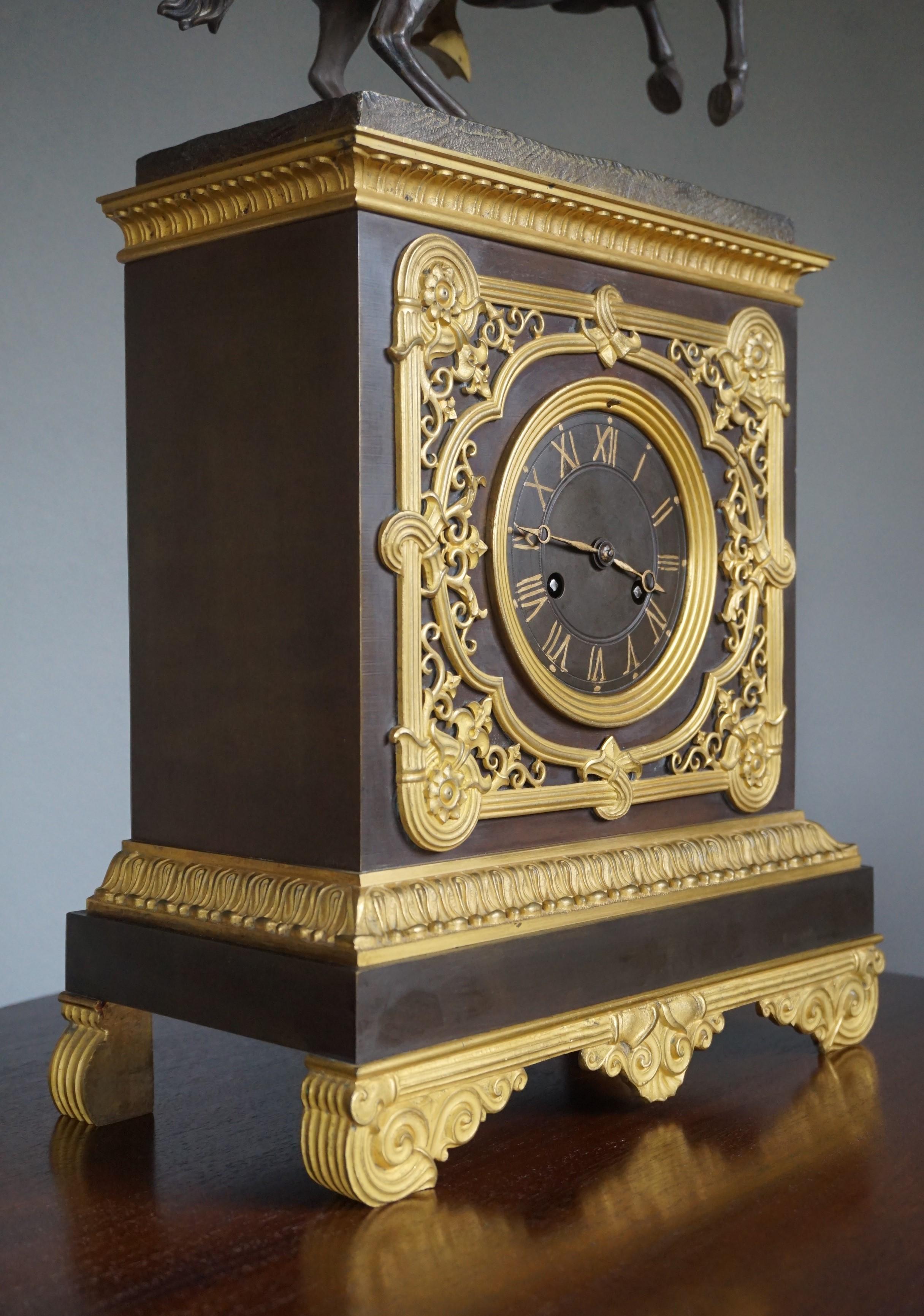 Gilt Bronze Empire Style Mantel or Table Clock with Horse & Warrior Sculpture 1