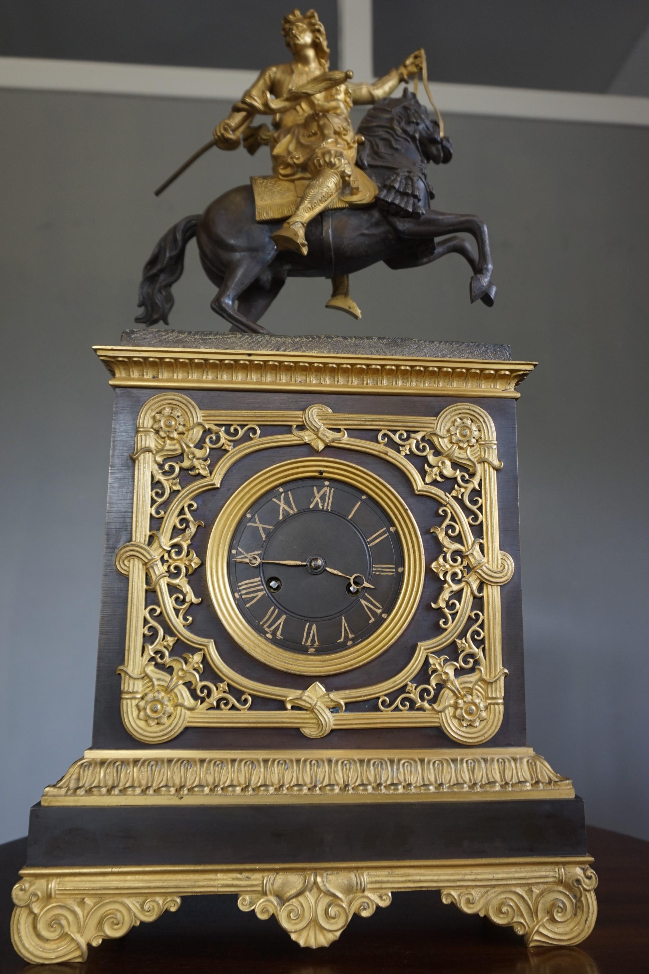 Gilt Bronze Empire Style Mantel or Table Clock with Horse & Warrior Sculpture 3