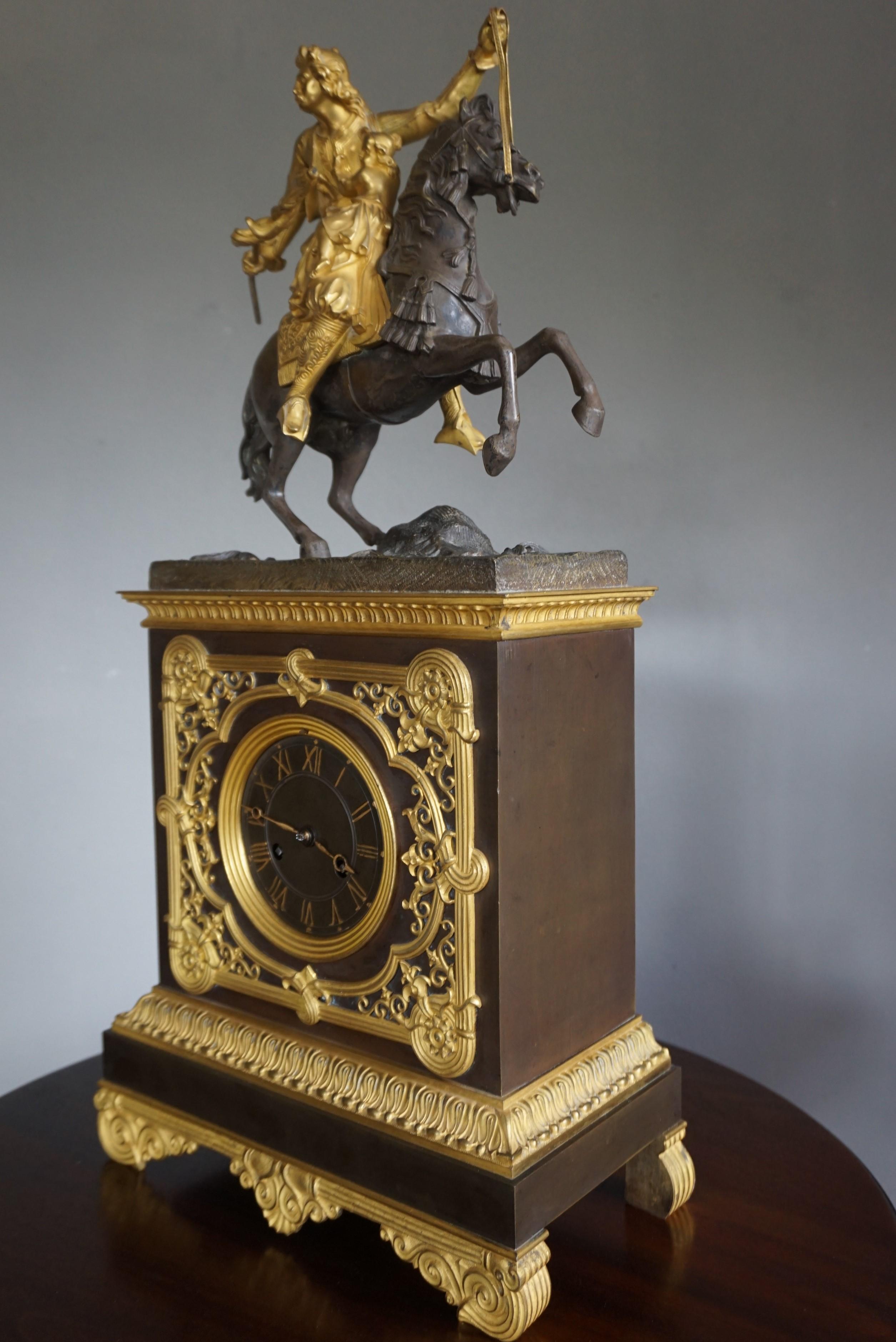 Gilt Bronze Empire Style Mantel or Table Clock with Horse & Warrior Sculpture 4