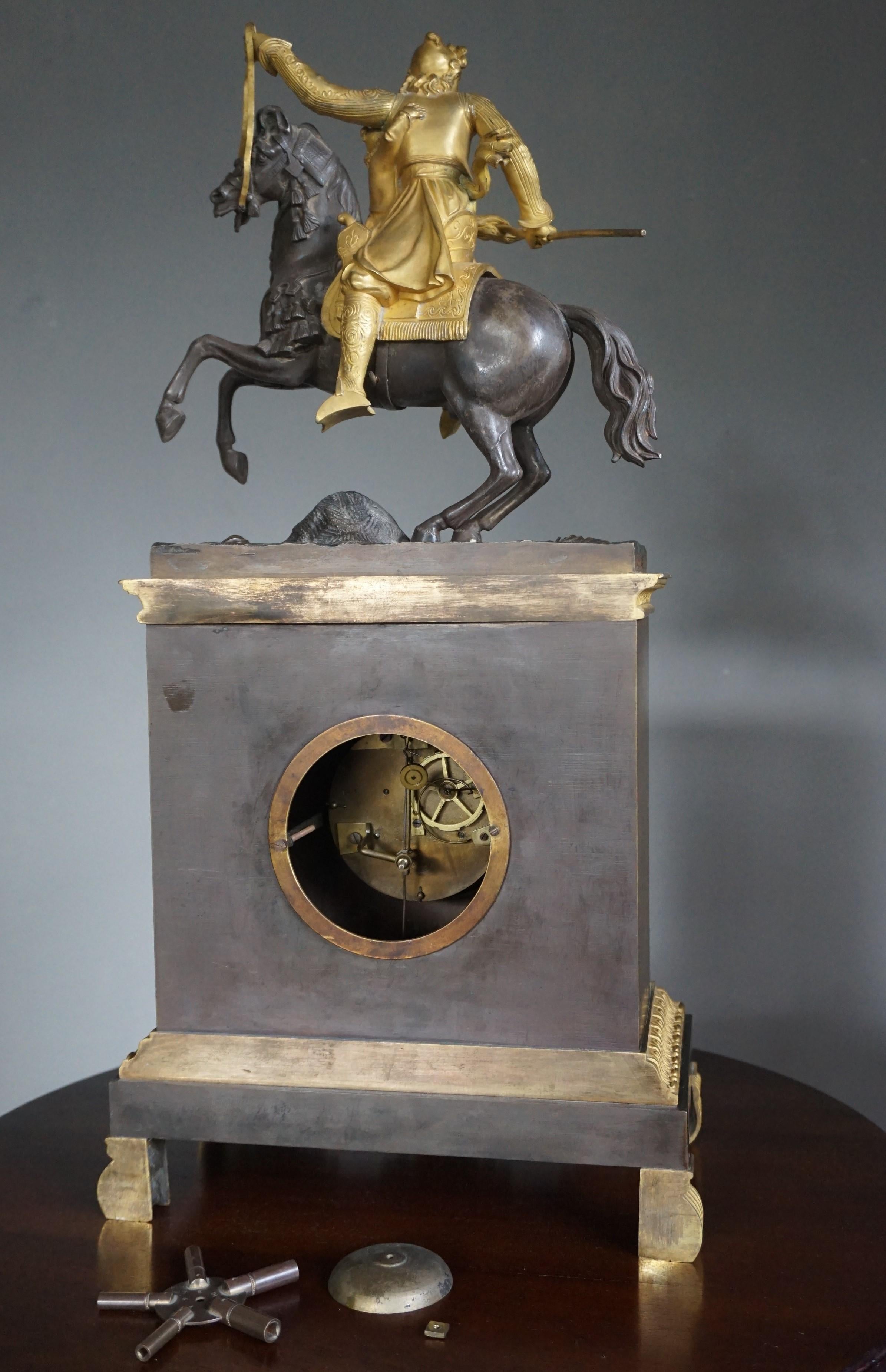 Gilt Bronze Empire Style Mantel or Table Clock with Horse & Warrior Sculpture 7