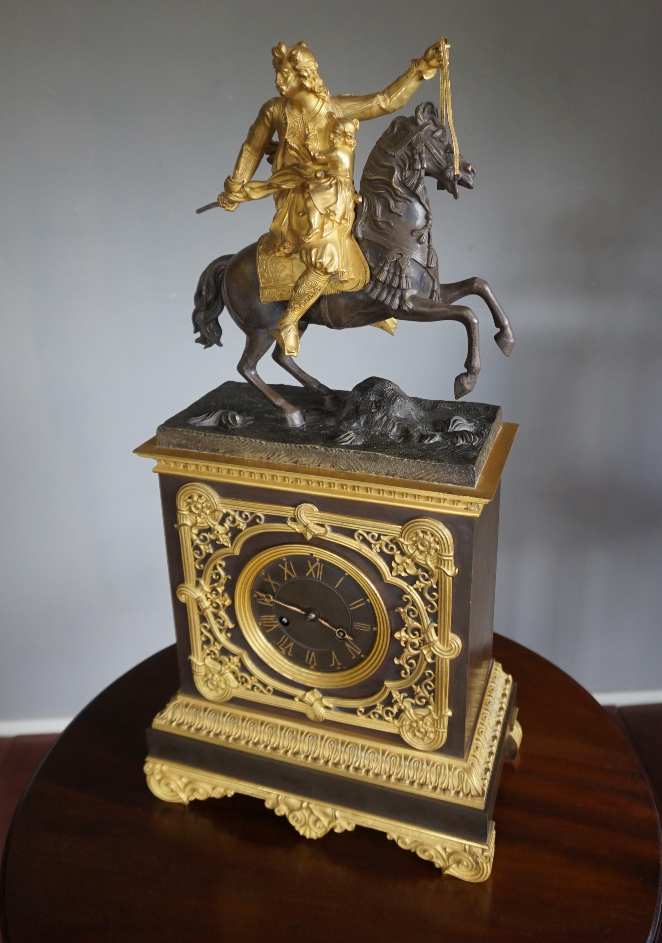 Gilt Bronze Empire Style Mantel or Table Clock with Horse & Warrior Sculpture 11