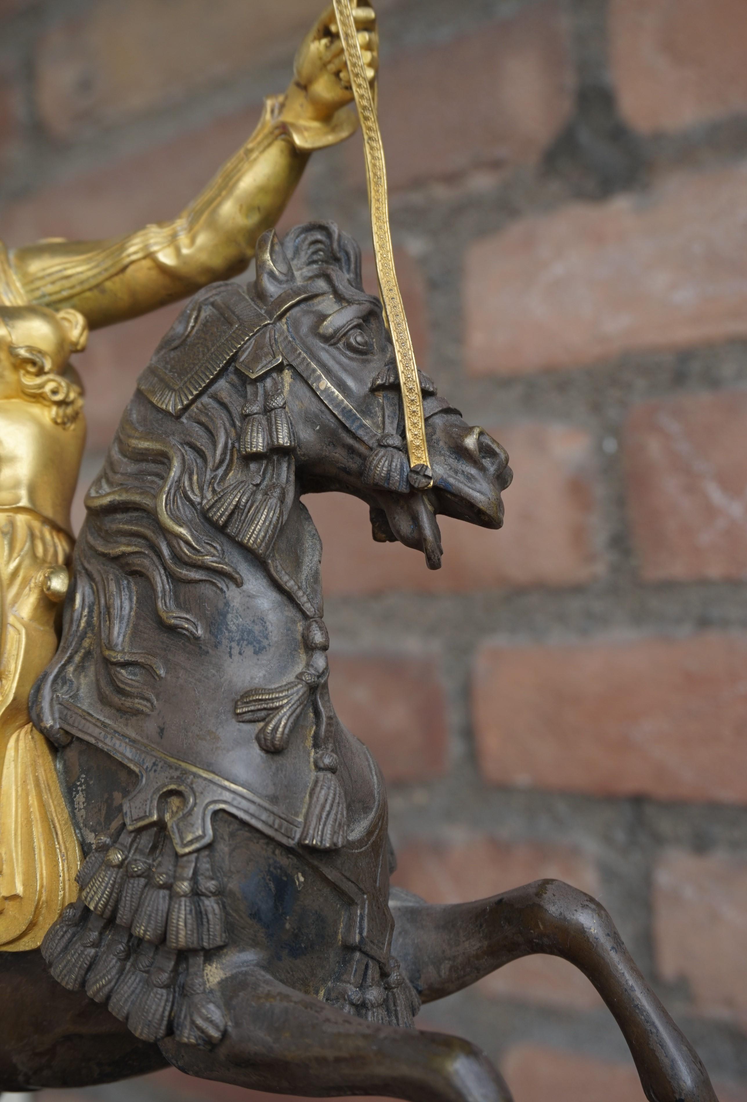 Gilt Bronze Empire Style Mantel or Table Clock with Horse & Warrior Sculpture In Good Condition In Lisse, NL