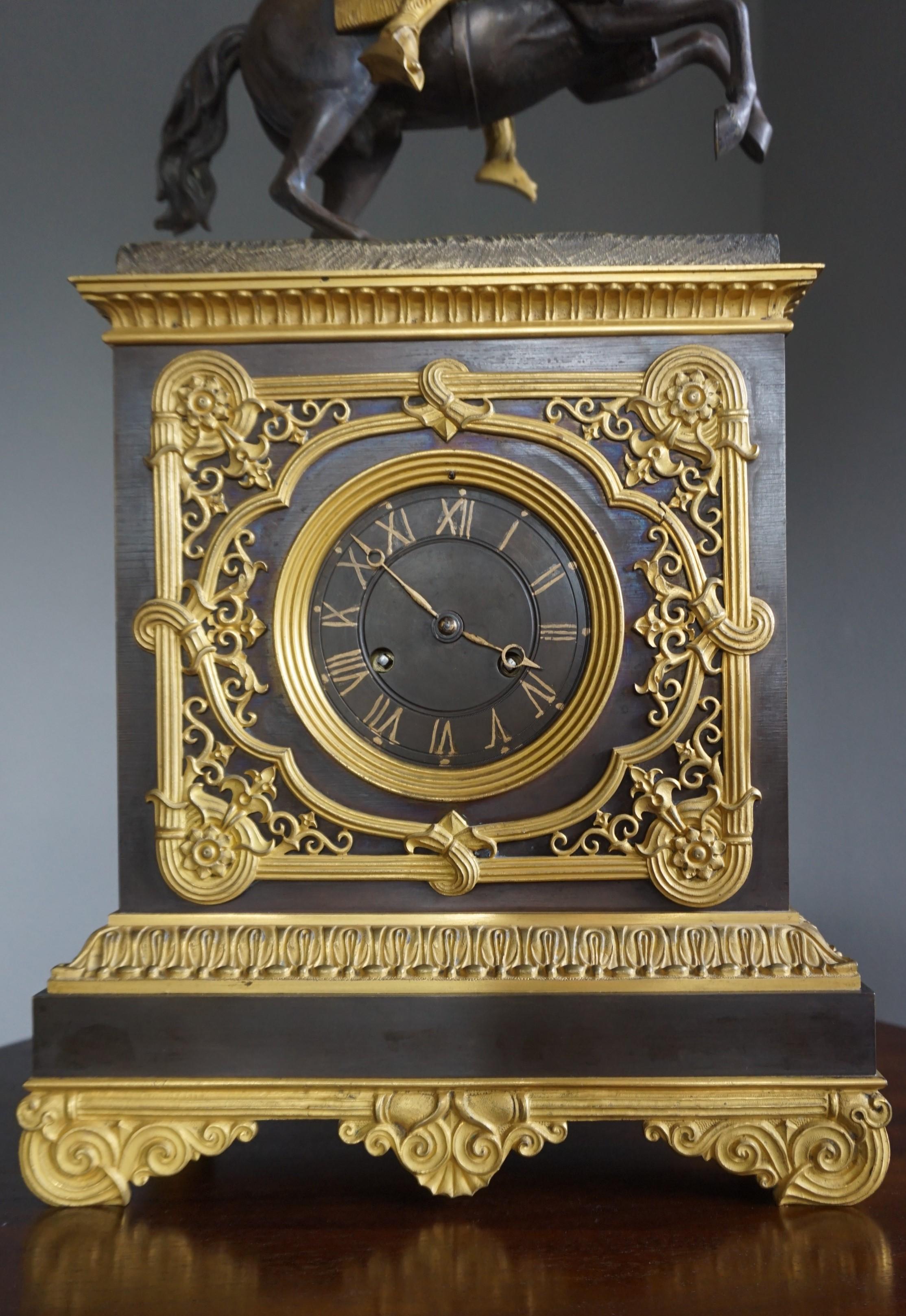 19th Century Gilt Bronze Empire Style Mantel or Table Clock with Horse & Warrior Sculpture