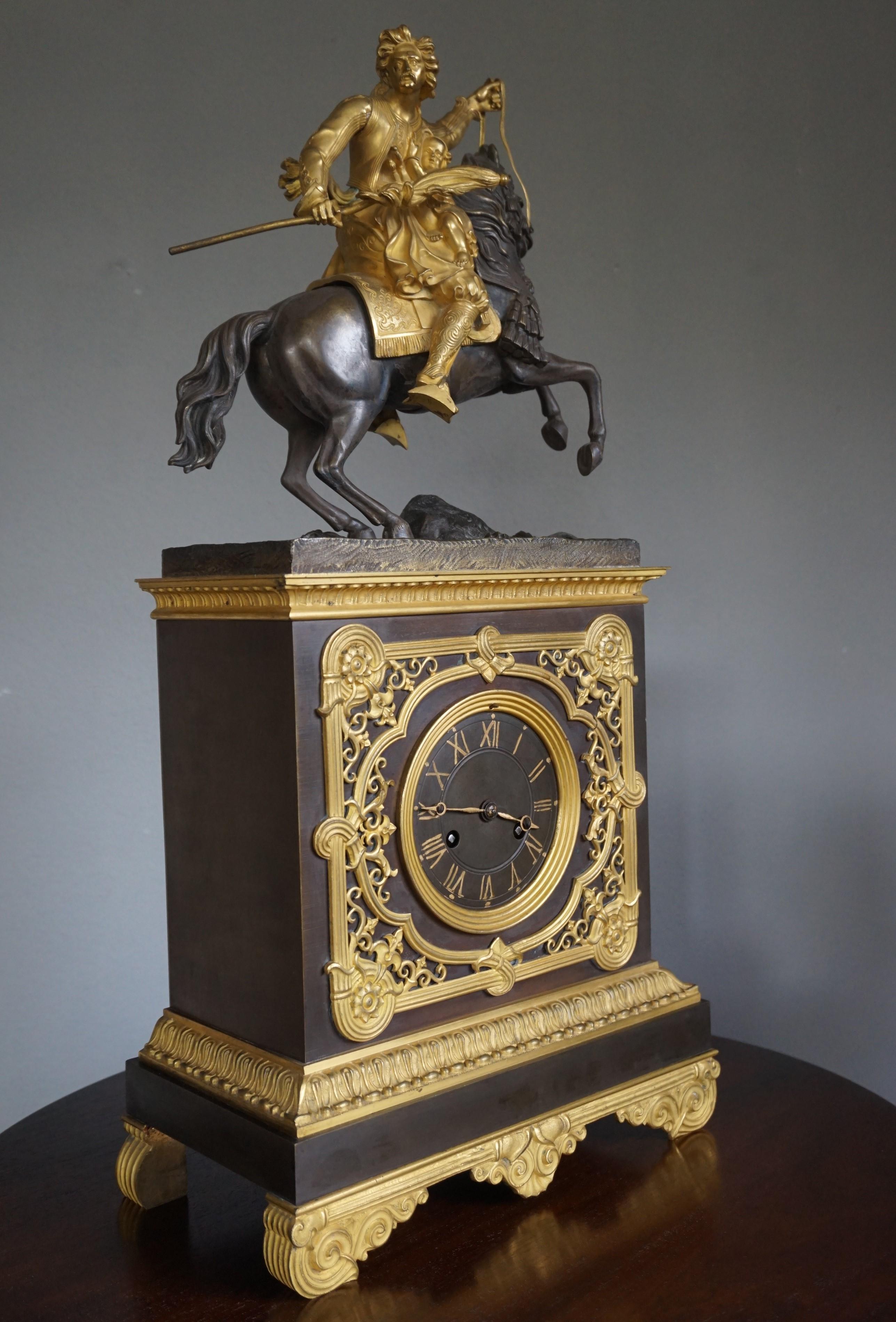 Brass Gilt Bronze Empire Style Mantel or Table Clock with Horse & Warrior Sculpture