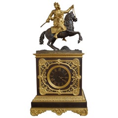 Antique Gilt Bronze Empire Style Mantel or Table Clock with Horse & Warrior Sculpture