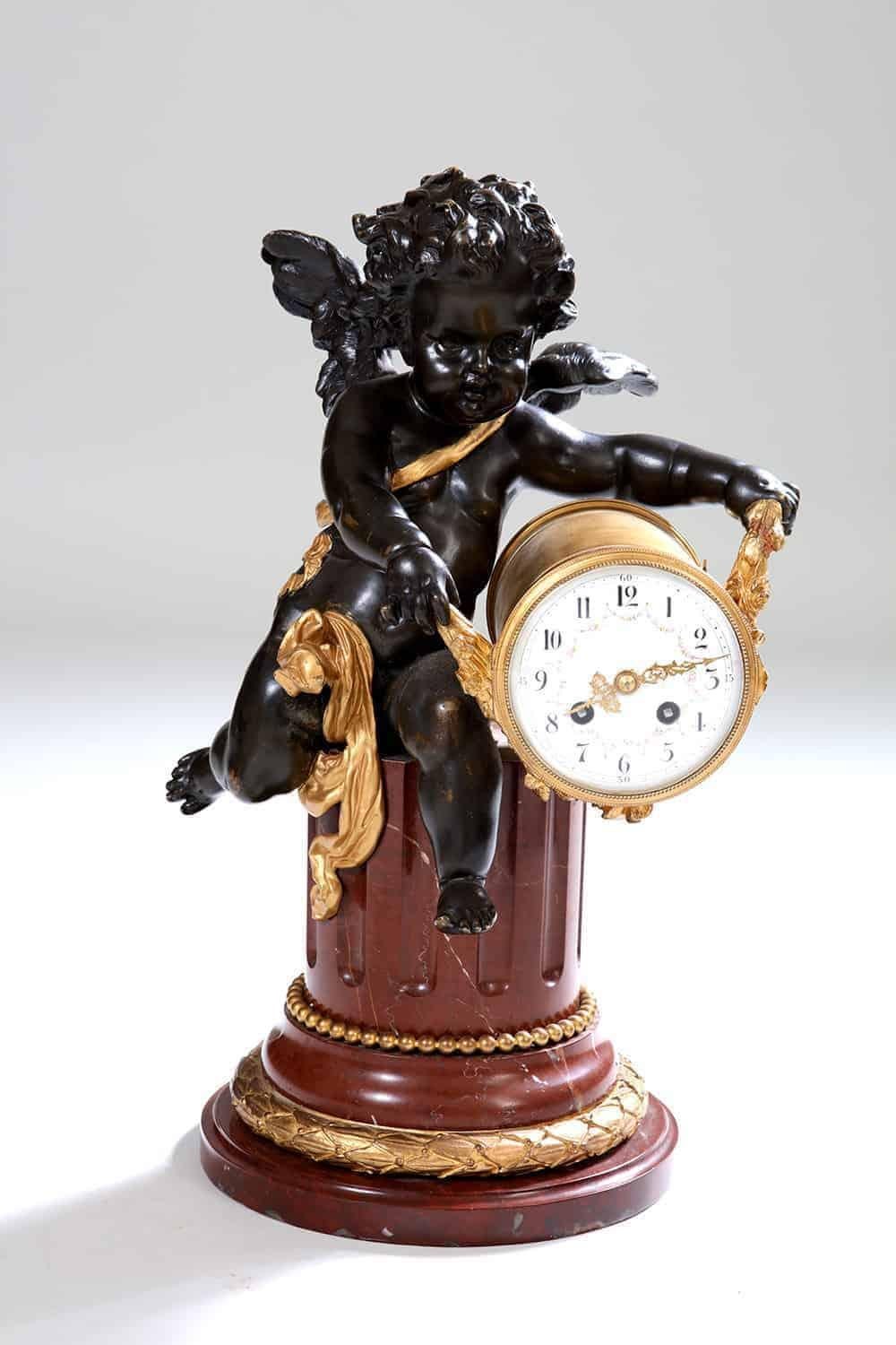 Cast Gilt Bronze, Bronze and Marble Clock Set Garniture For Sale
