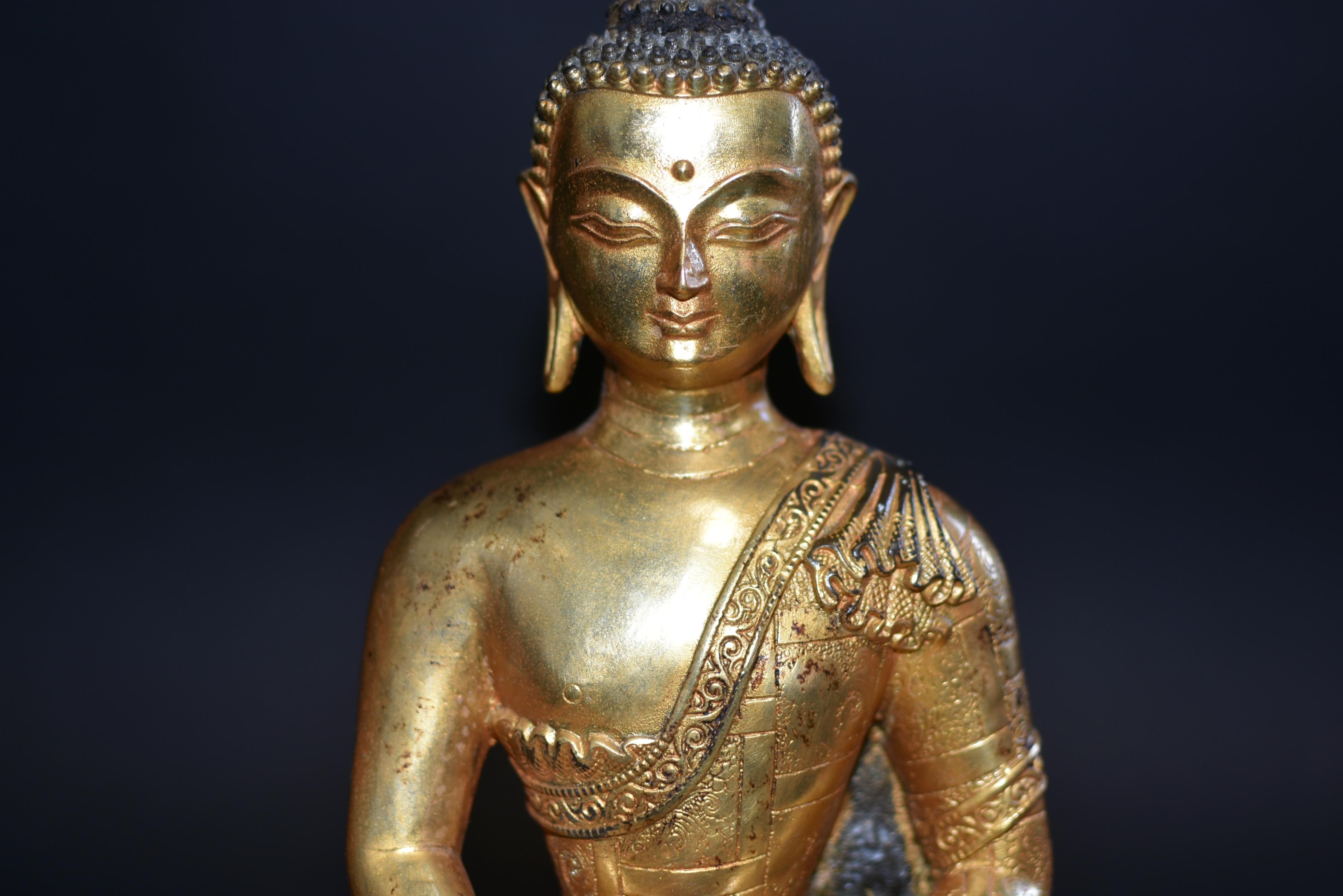 A beautiful 6.7 lb gilt bronze statue of young Buddha. Seated in dhyana asana on a beaded lotus throne, hands in dhyana mudra, wearing a patchwork sanghati incised with foliate scroll in the borders and hem, pleated end draped over his left shoulder