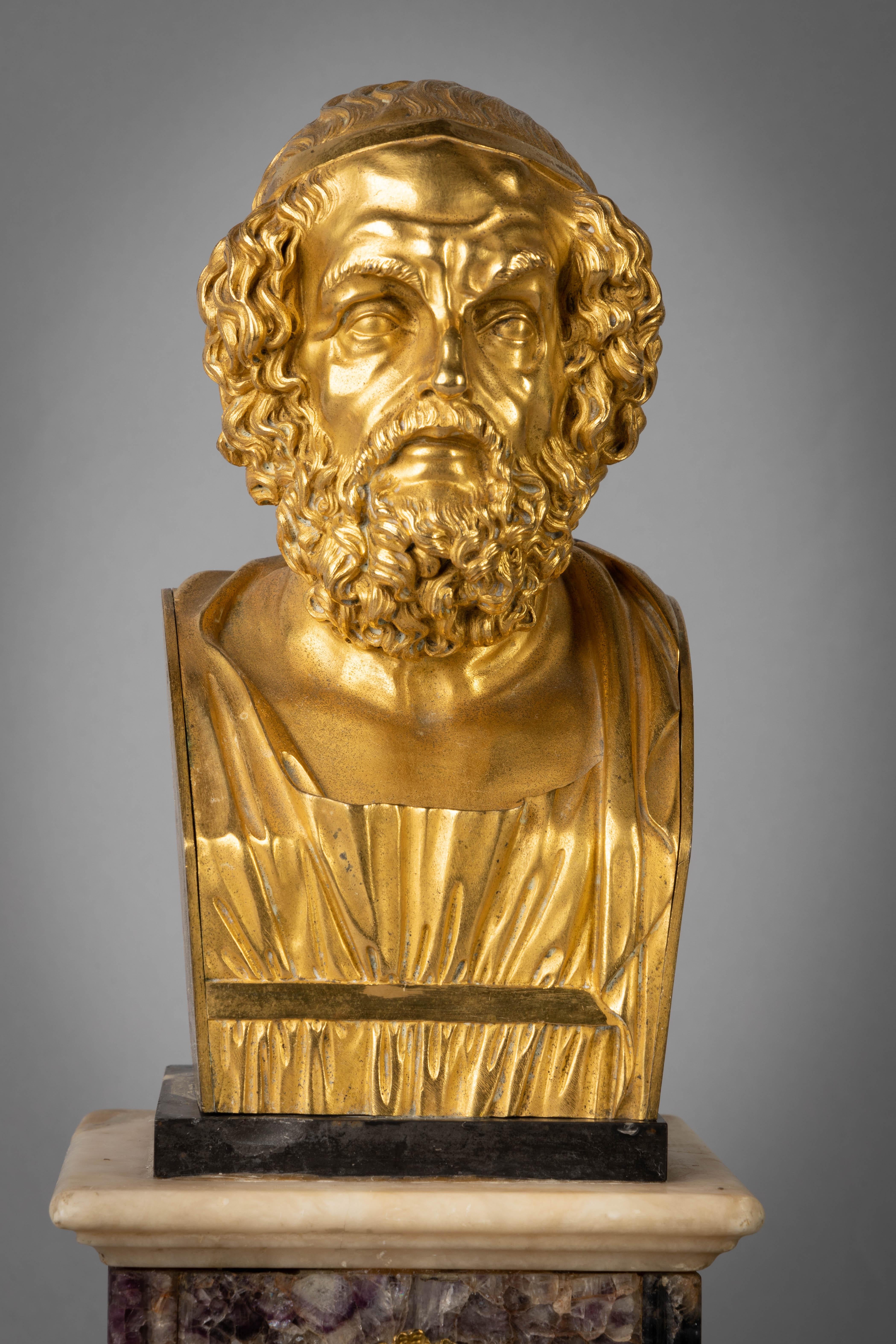 19th Century Gilt Bronze Bust of Homer on a Regency Ormolu Mounted Blue John Pedestal For Sale