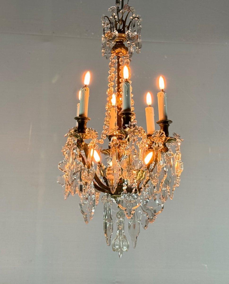 Gilt Bronze Cage Chandelier With Cut Crystal Pendants Circa 1900 For Sale 4